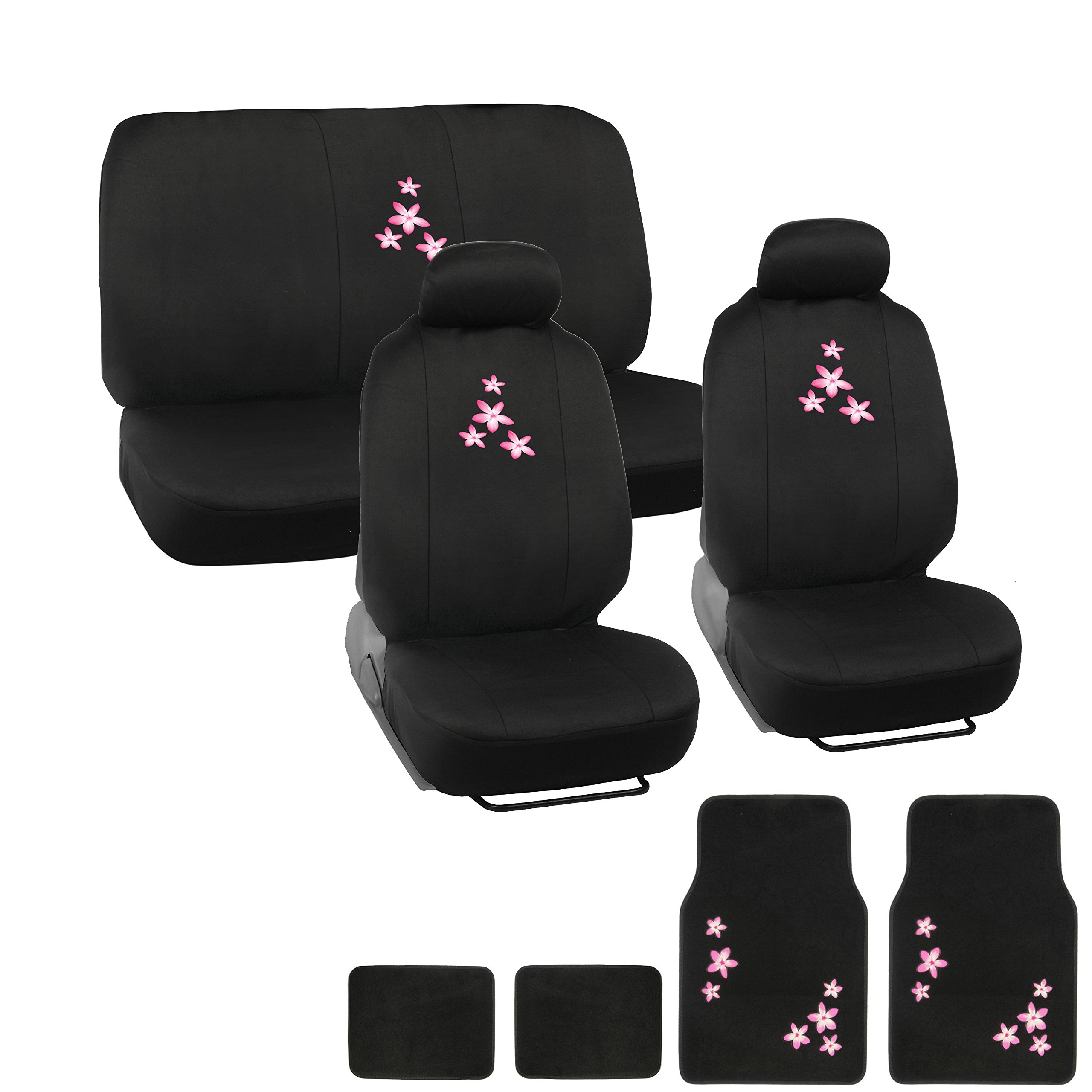 13 Piece Auto Interior Gift Set - Pink Flower - A Set of 4 Front Seat Covers, 5 Rear Split Bench Cover and A Set of 4 Plush Carpet Floor Mats