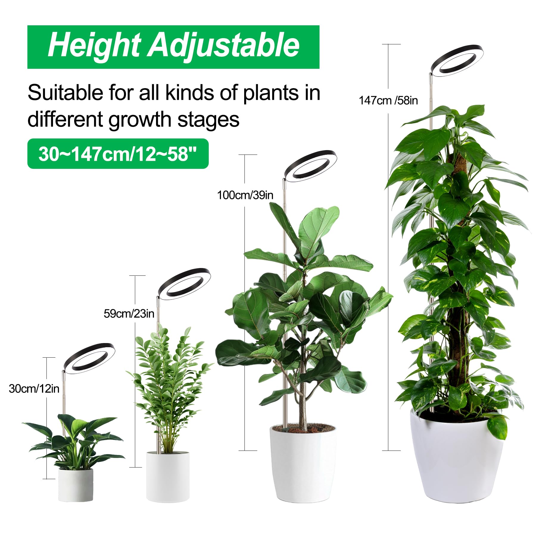 Qoolife LED volledig spectrum kweeklamp voor kamerplanten, in hoogte verstelbare kweeklamp met 3 helderheidsniveaus, automatische aan/uit-timer, 3/9/12 uur, 1 stuks