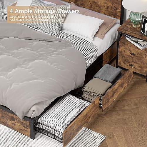 Miniatura 4 de Base de cama matrimonial con 4 cajones de almacenamiento y 2 mesitas de noche, marco de cama con cabecera LED y estación de carga, marco de cama de