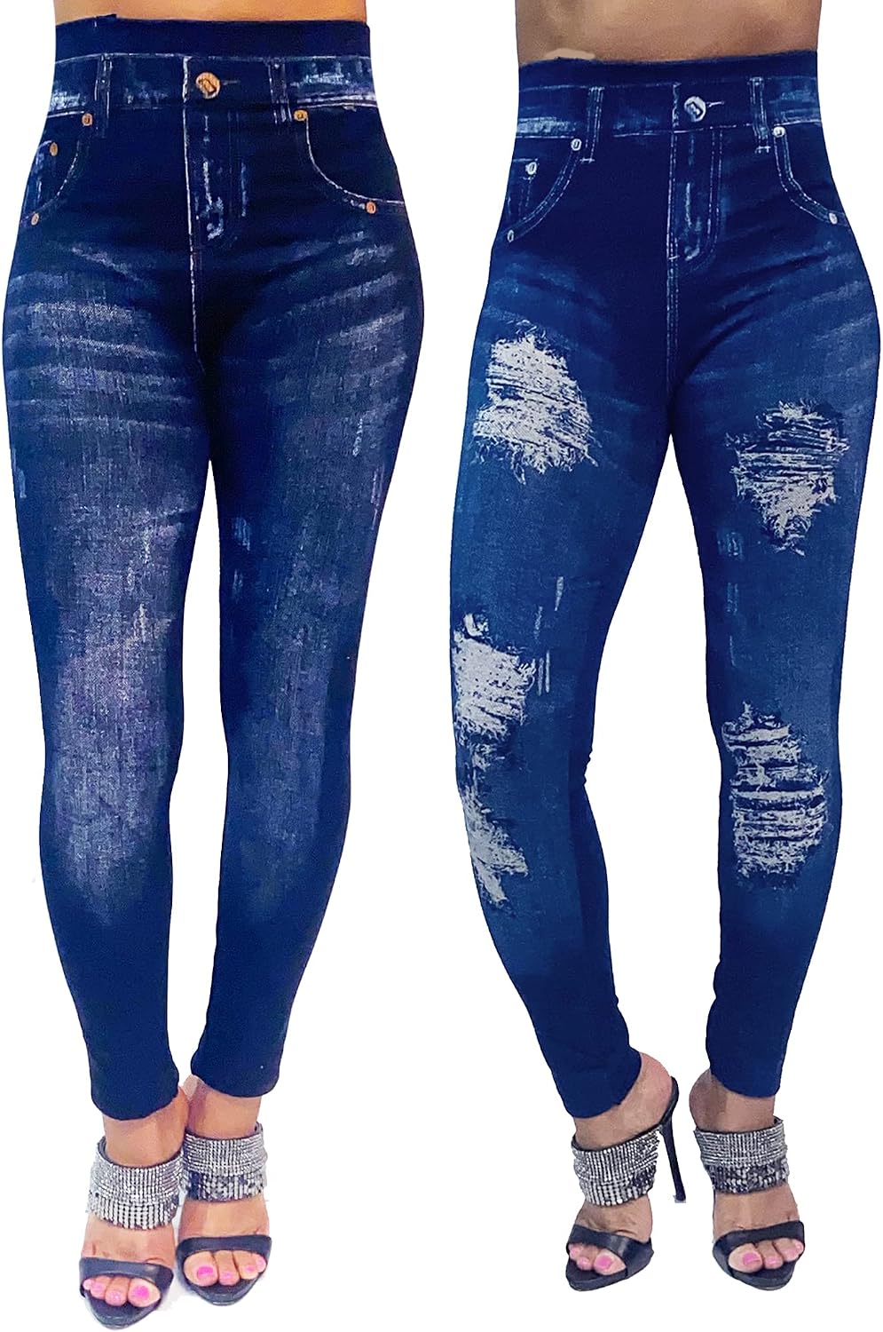 Women's Denim Print Fake Jeans Seamless Full Length Tight Leggings