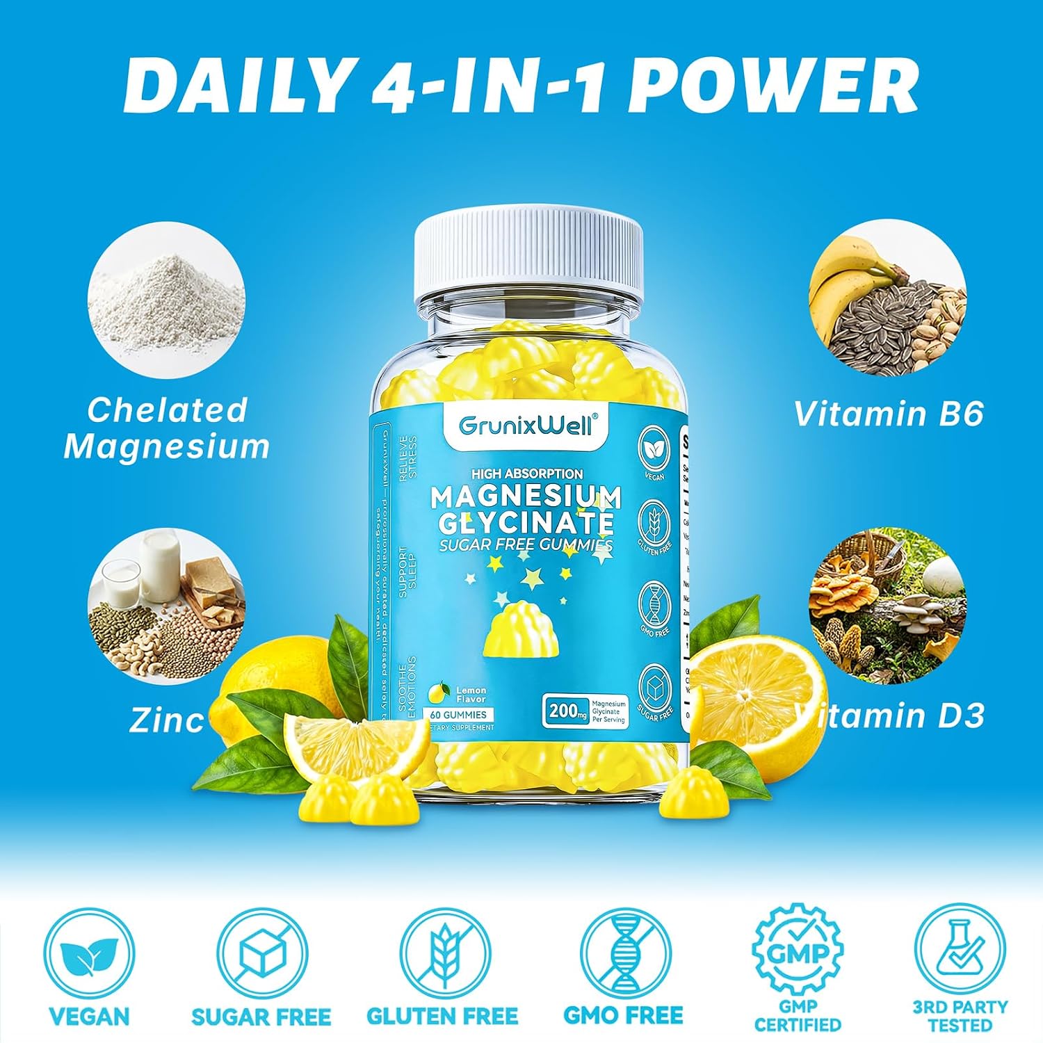 Magnesium Glycinate 200mg, Gummies, Stomach-Friendly Daily Magnesium Supplement, Sugar Free ComplexGummies for Vegan, Calm & Relaxtion Boost