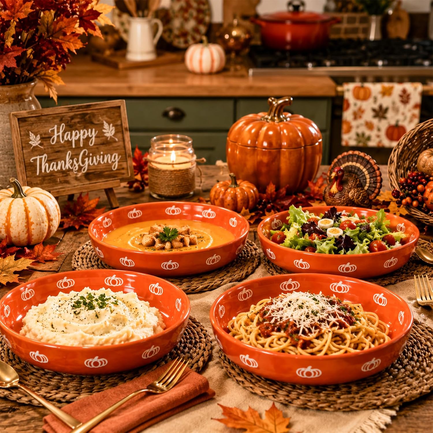 4 Pcs Fall Pumpkin Ceramic Pasta Bowls, 40 oz Shallow Salad Soup Bowls