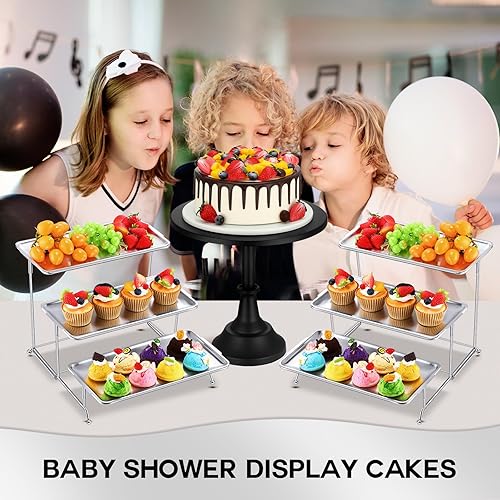 Miniatura 6 de Juego de 2 bandejas de 3 niveles para servir, platos de acero inoxidable, juego de platos rectangulares con soporte de metal para aperitivos,