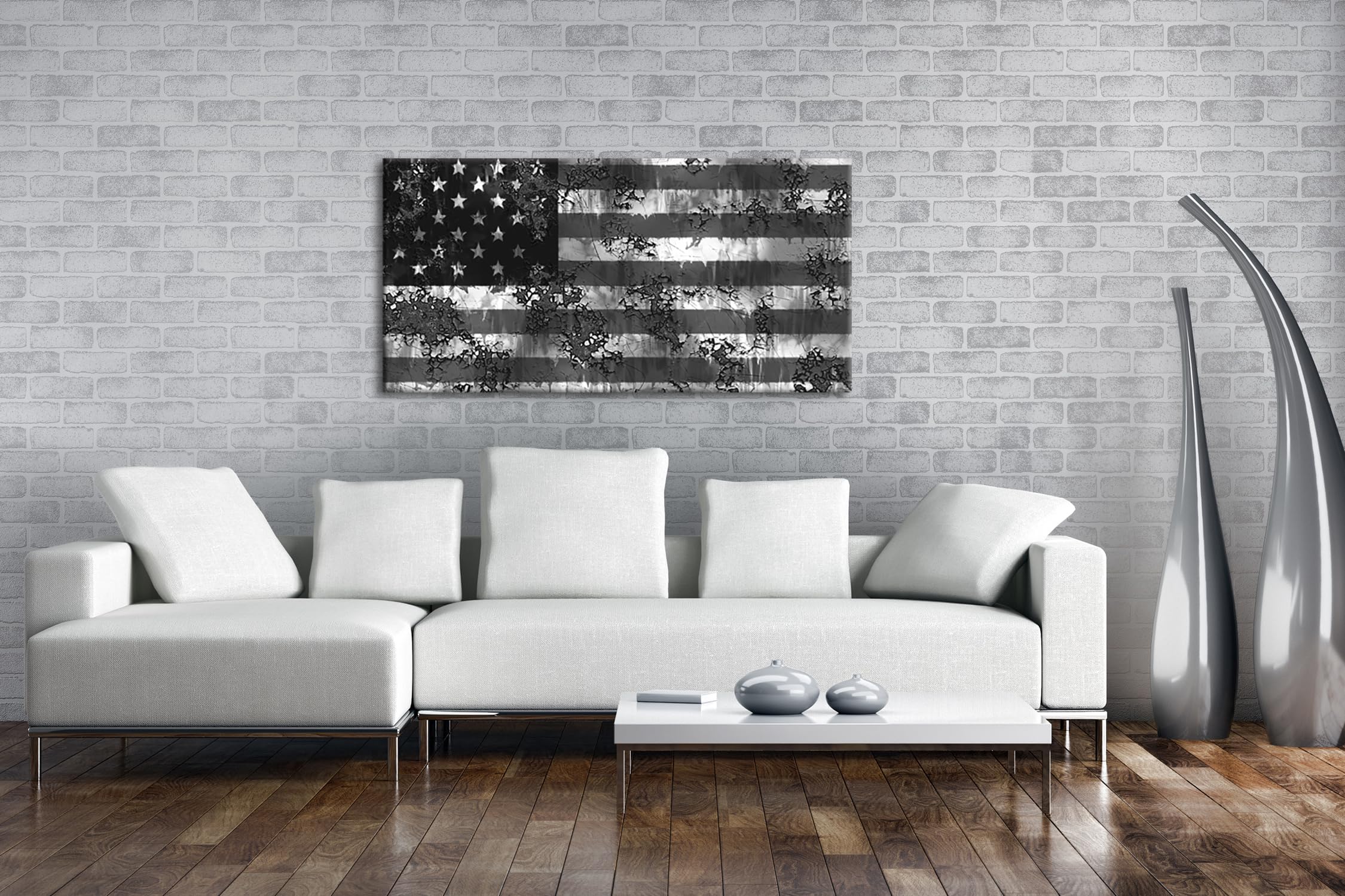 Drapeau américain rouillé panoramique 100 x 50 cm Effet : noir/blanc Impression numérique de qualité supérieure avec cadre en bois véritable