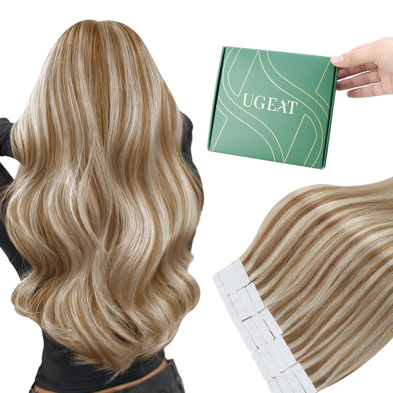 Ugeat Tape in Hair Extensions, Highlight Human Hair Tape in Extensions, Bleach Blonde Highlights Golden Blonde, Seamlessly with Your Own Hair Texture,