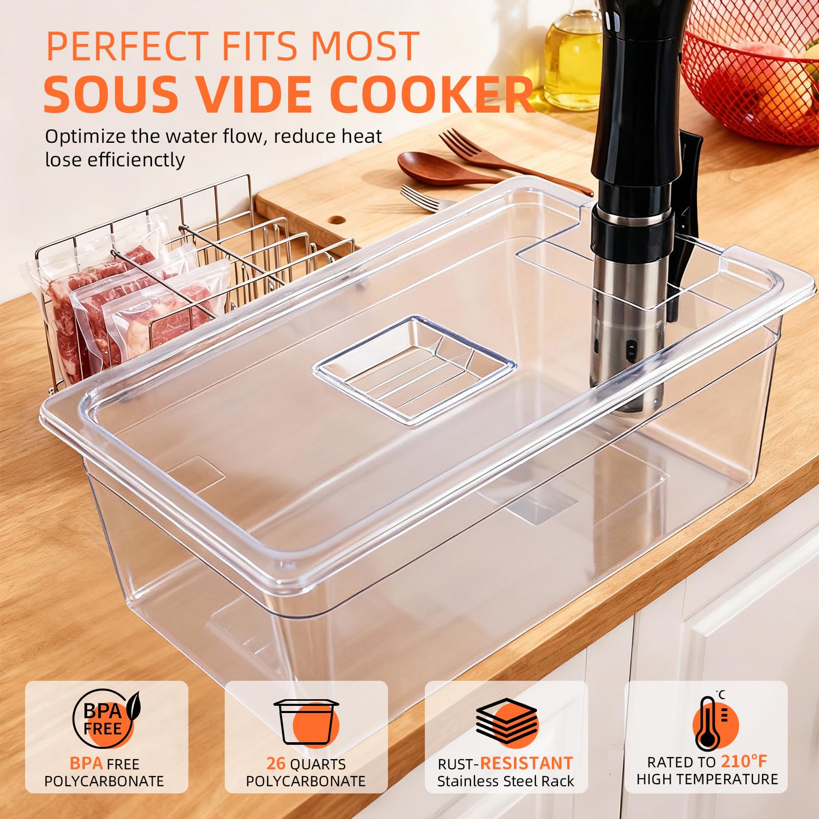 Sous Vide Container 26 QT with Lid, Rack & Spoon-Precision Cooking Tub for Anova Nano, Joule, Instant Pot Immersion Circulators - Large Accessories Kit (Square opening)