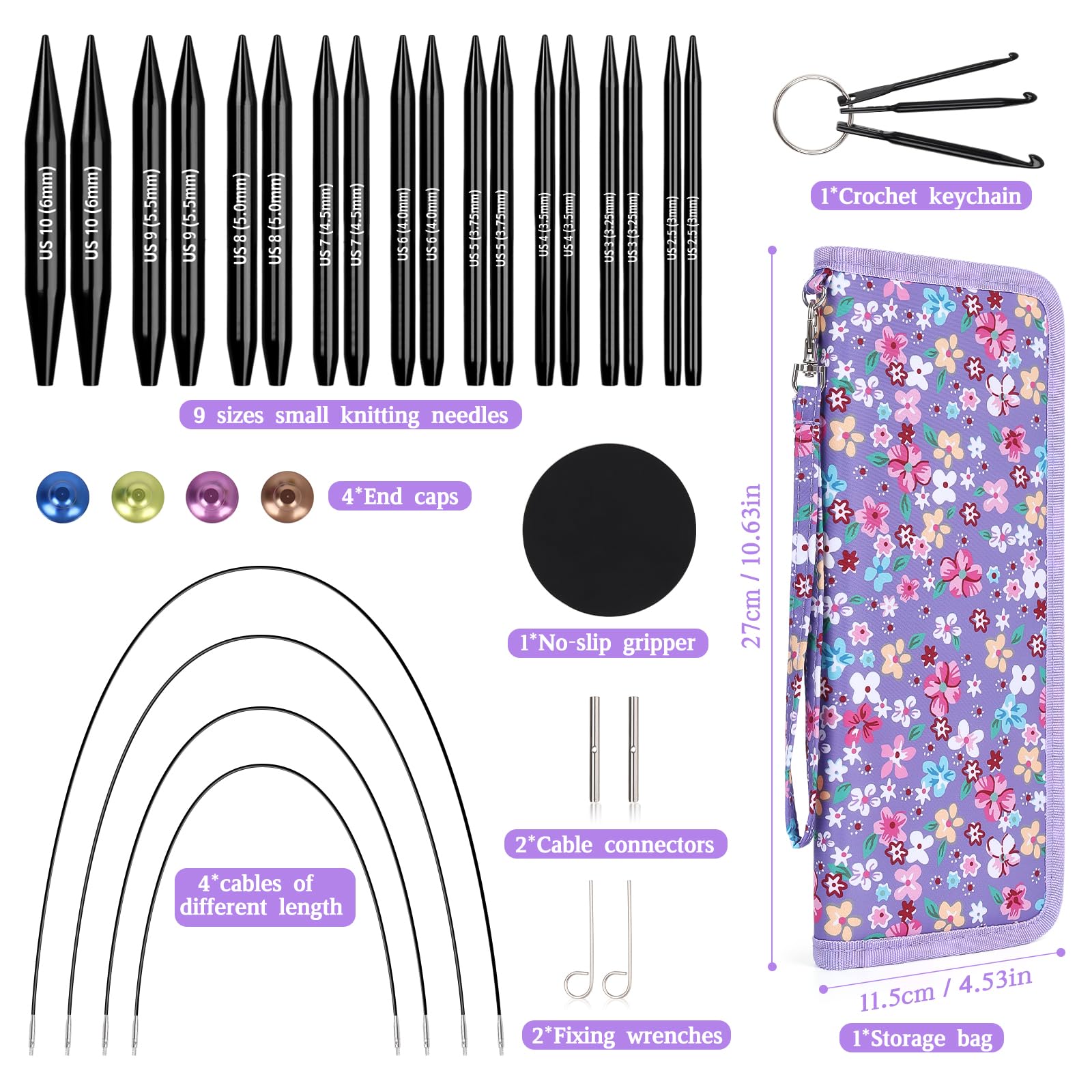 Coopay Juego de agujas de tejer cortas intercambiables, agujas de tejer circulares de 2 pulgadas para calcetines, 9 pares de agujas de tejer intercambiables de 3 mm a 6 mm, aguja de tejer redonda con