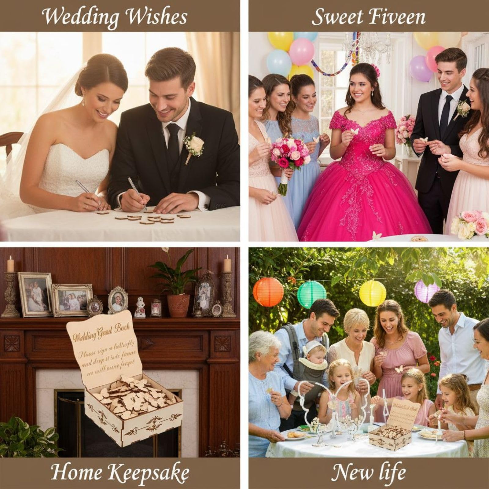 61 tlg. Butterfly Gästebuch-Alternative, rustikale Holzschilder zum Einwerfen für Hochzeit, 60 kleine Holzschmetterlinge, besonderes Quinceañera-Gästebuch mit Box für Partys und Feiern