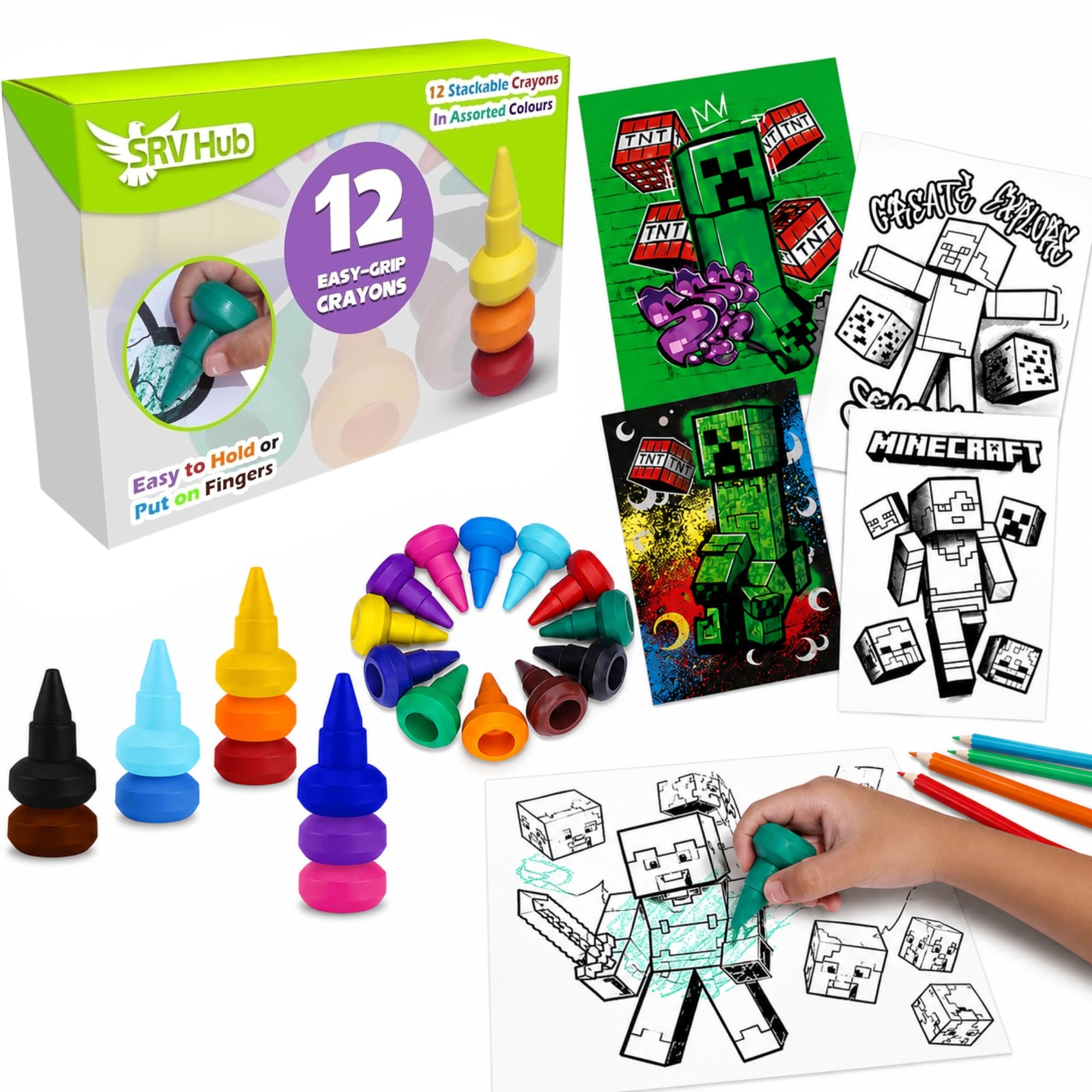 SRV Hub Minecraft Toddler Art Set – 12 Stackable Easy Grip Crayons + 2 Colouring Books (A4 & A5) with 16 Pages | Back To School Washable Crayons & Pencils | Creative Gift for Kids Boys Girls