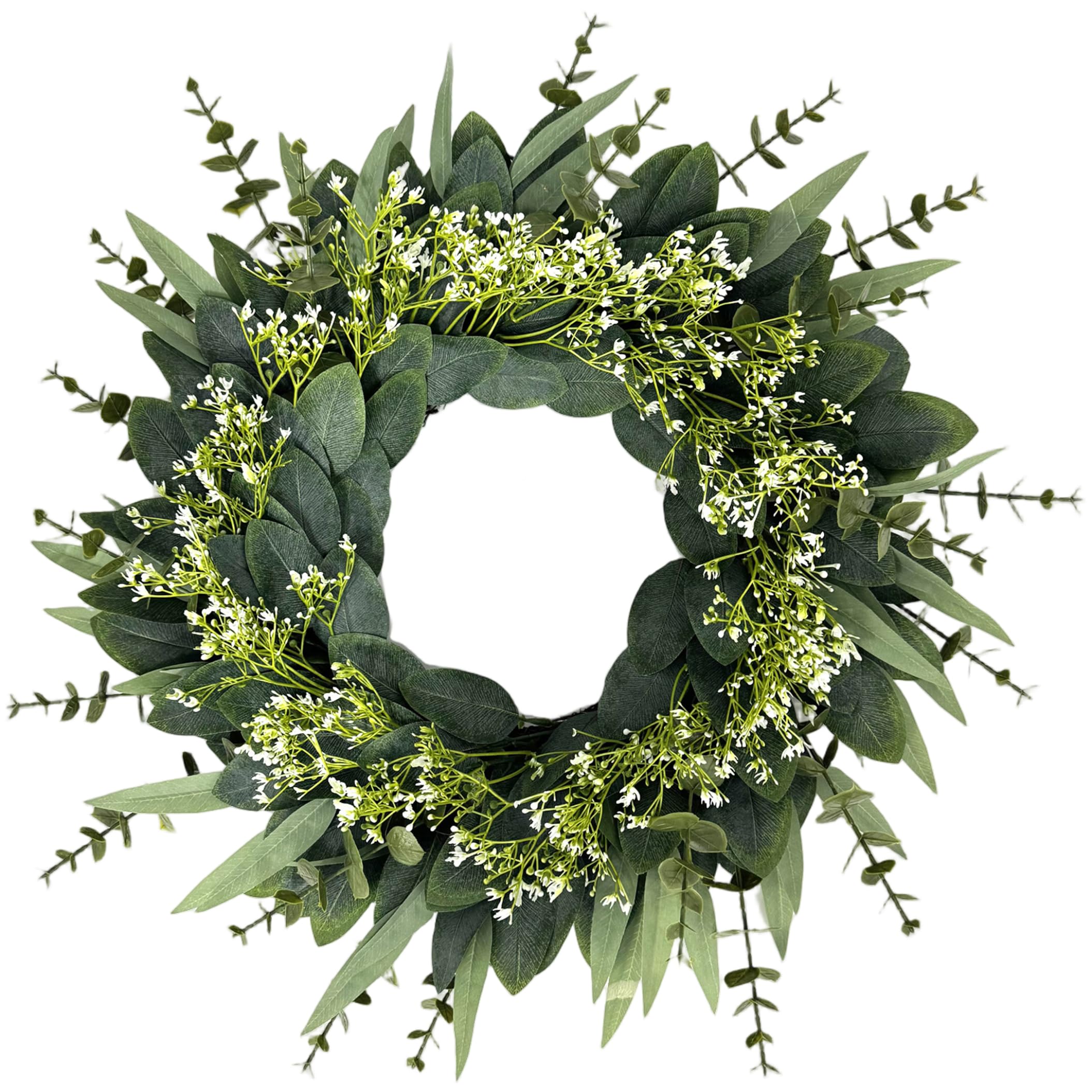 Couronne d'eucalyptus pour porte d'entrée de 50 cm décorée de fleurs blanches