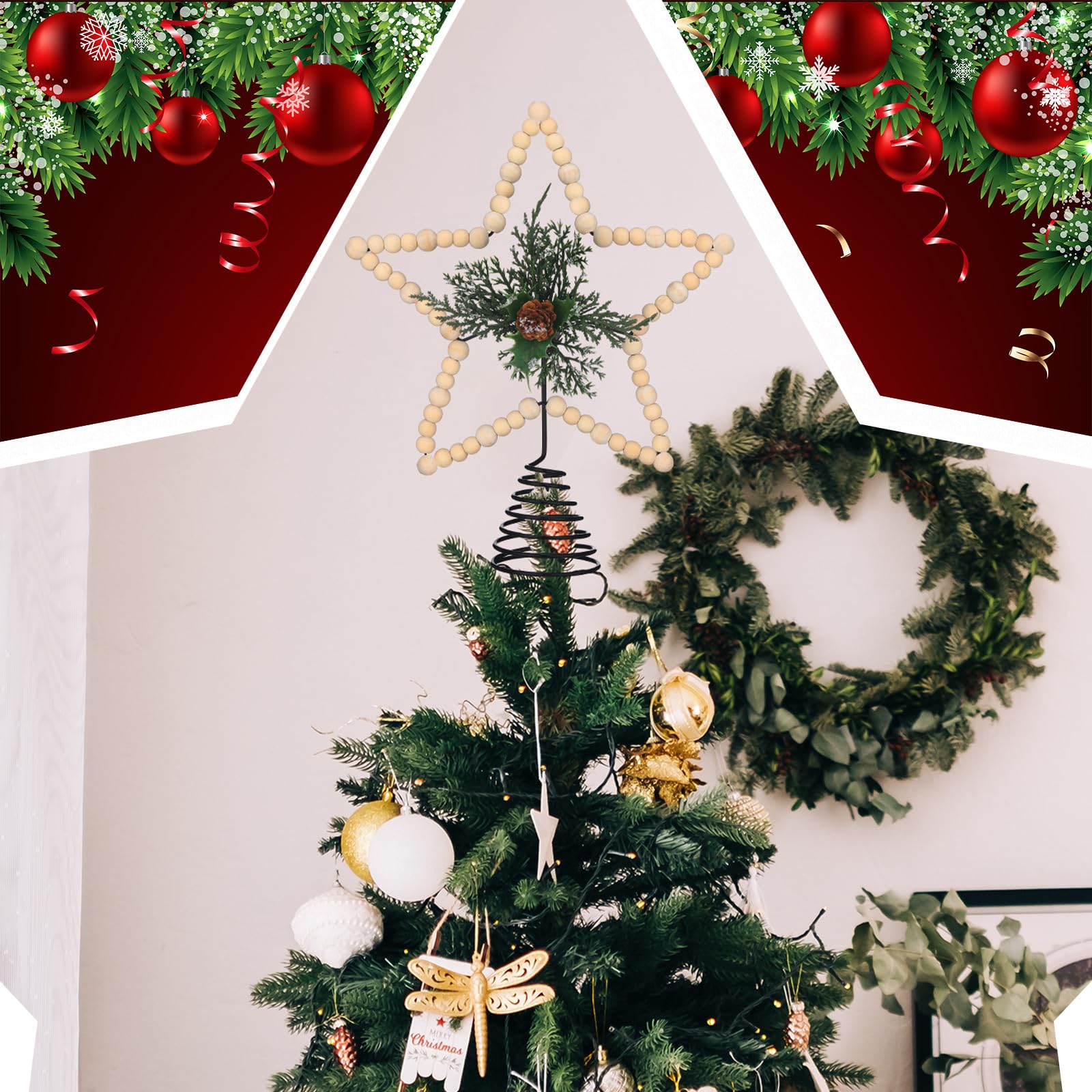 Gejoy Cimier de sapin de Noël rustique en bois pour décoration de Noël rustique (cône, bois)