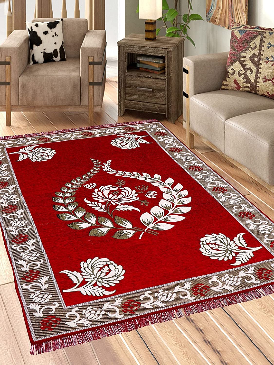 Linen Basics Designer Superfine Exclusive Velvet Chenille Carpet/Area Rug/Bedside Runner, Chenille Living Room Carpet, Durries in Krishna Style (Red, 5 x 7 Feet)