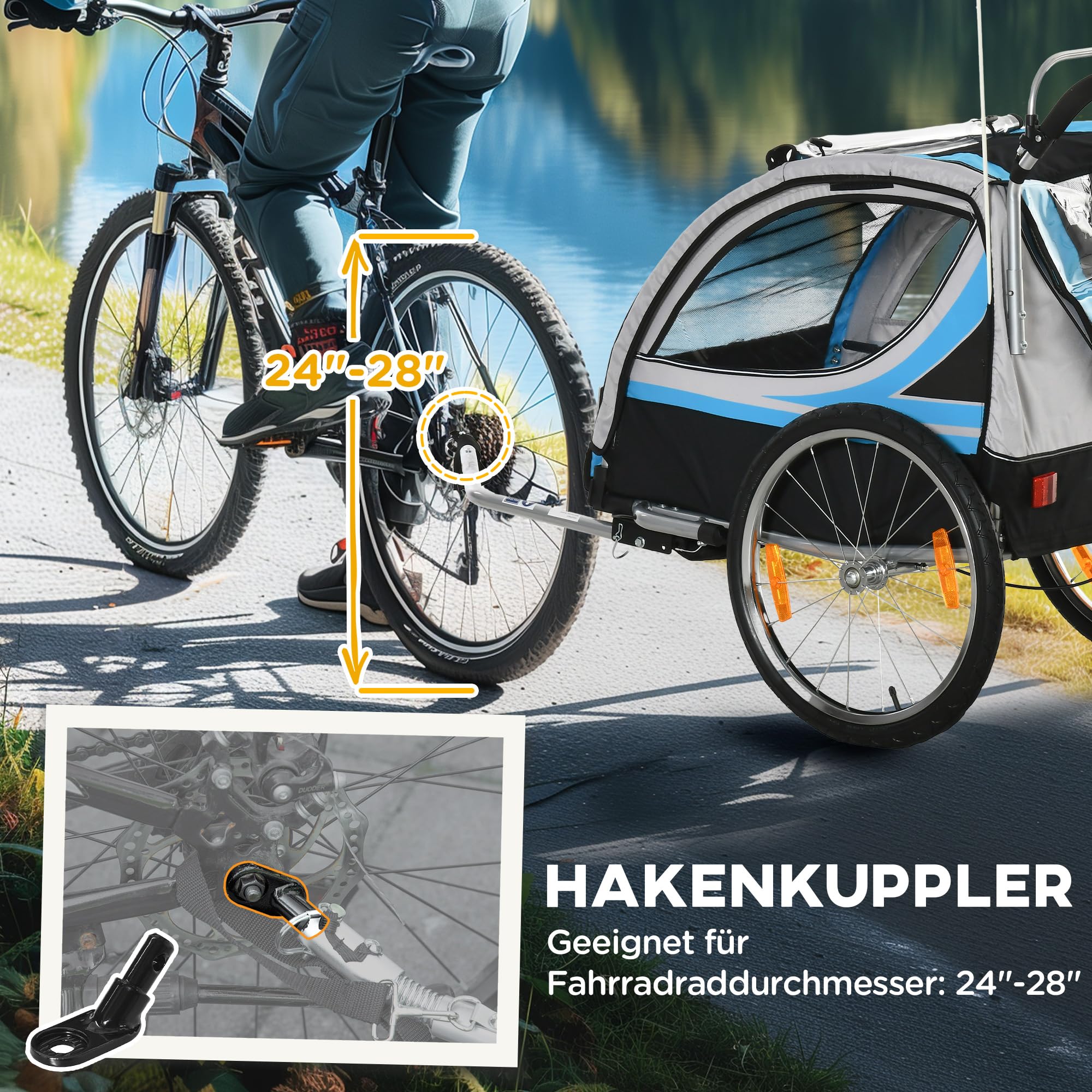 HOMCOM Remorque de vélo pour Enfants 2 en 1, 142 x 75 x 101 cm, Bleu+Noir