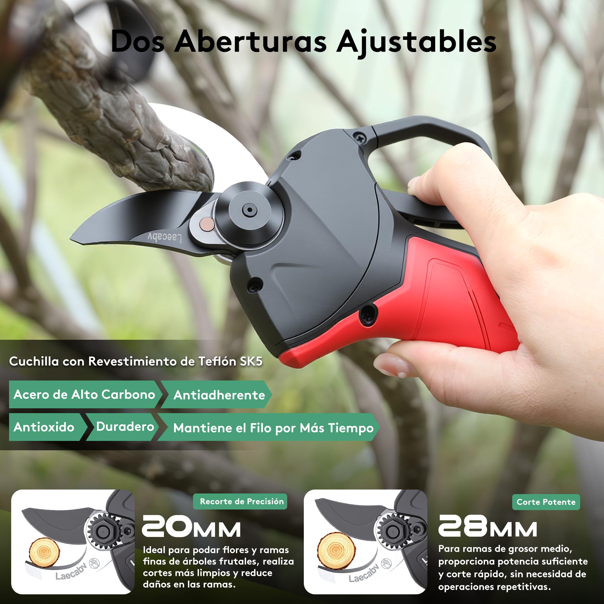 Tijeras de Podar Eléctricas, 28mm Tijeras de Podar con Batería Profesional, Tijeras Rama Inalámbrico con Motor sin Escobillas, 2 Piezas Batería de Litio Recargable de 16.8V/2Ah (LA28BKRD)