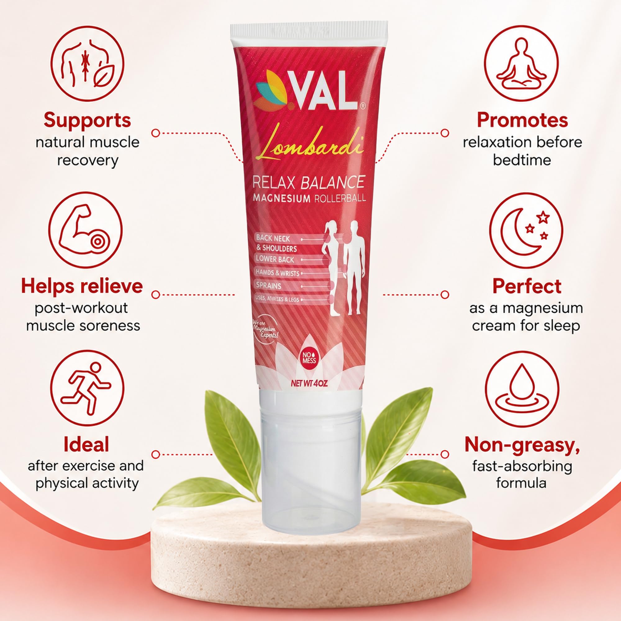 VAL Lombardi Relax Balance Magnesium Rollerball | Zechstein Magnesium + Herbal Extracts | Joint & Muscle Relief for Neck, Back, Legs | No Mess, Non-Greasy | 4oz — Amazon image 4