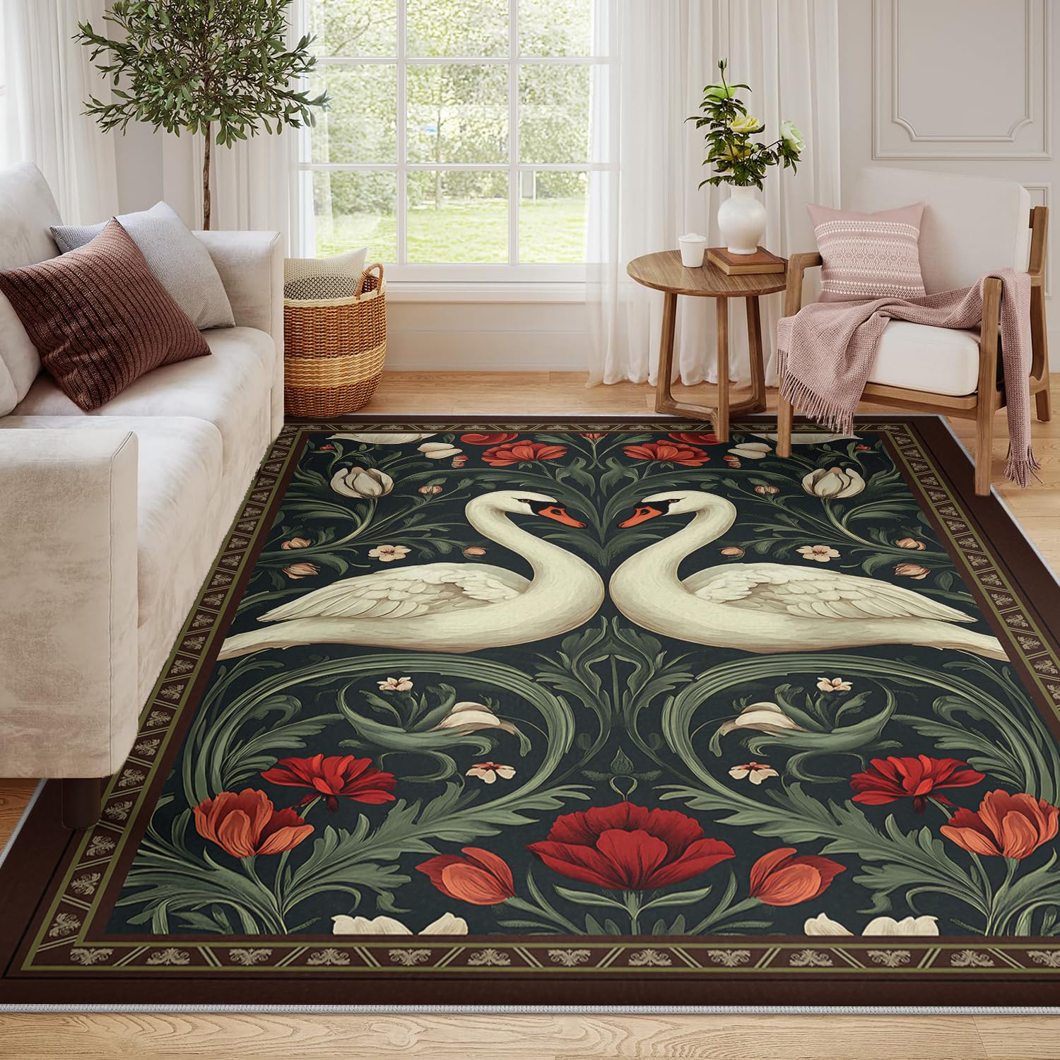 Tapis pour le salon imprimé fleurs et cygnes vert émeraude
