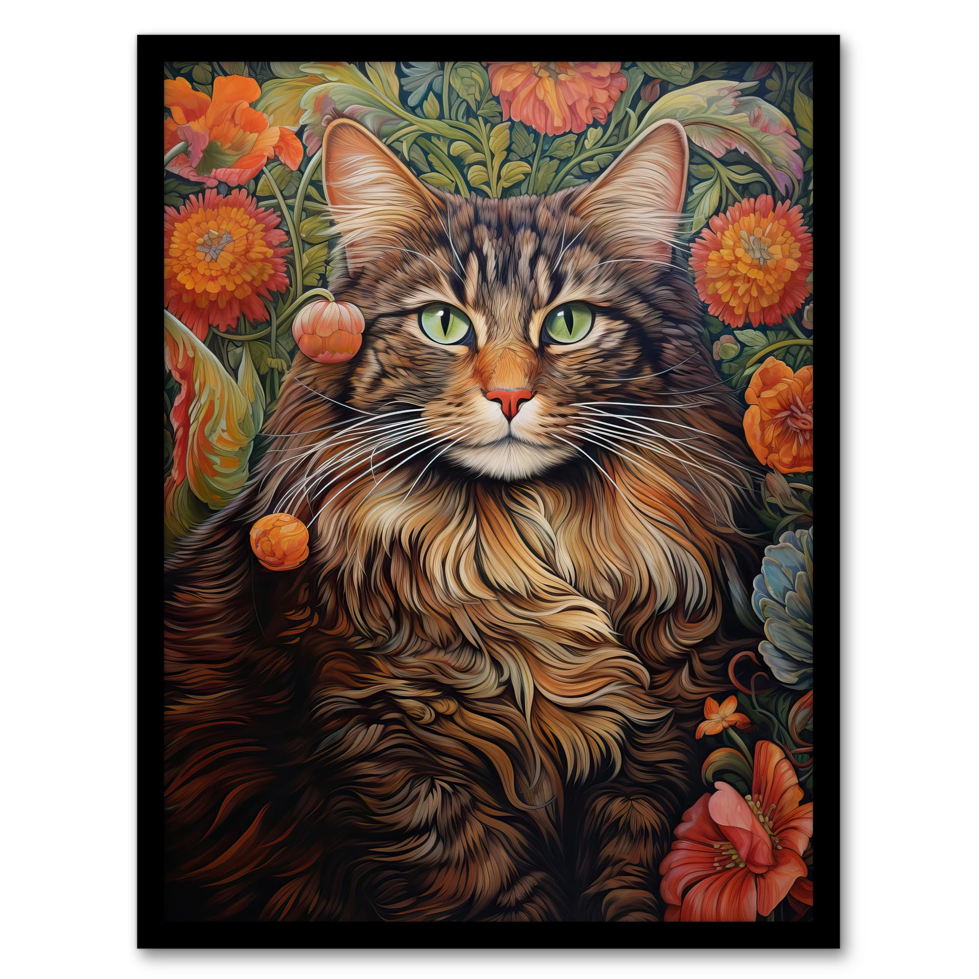 Norwegian Forest Cat Floral Art Print - Detailed Animal Portrait with Spring Garden Blooms - Artery8 - A4 Framed