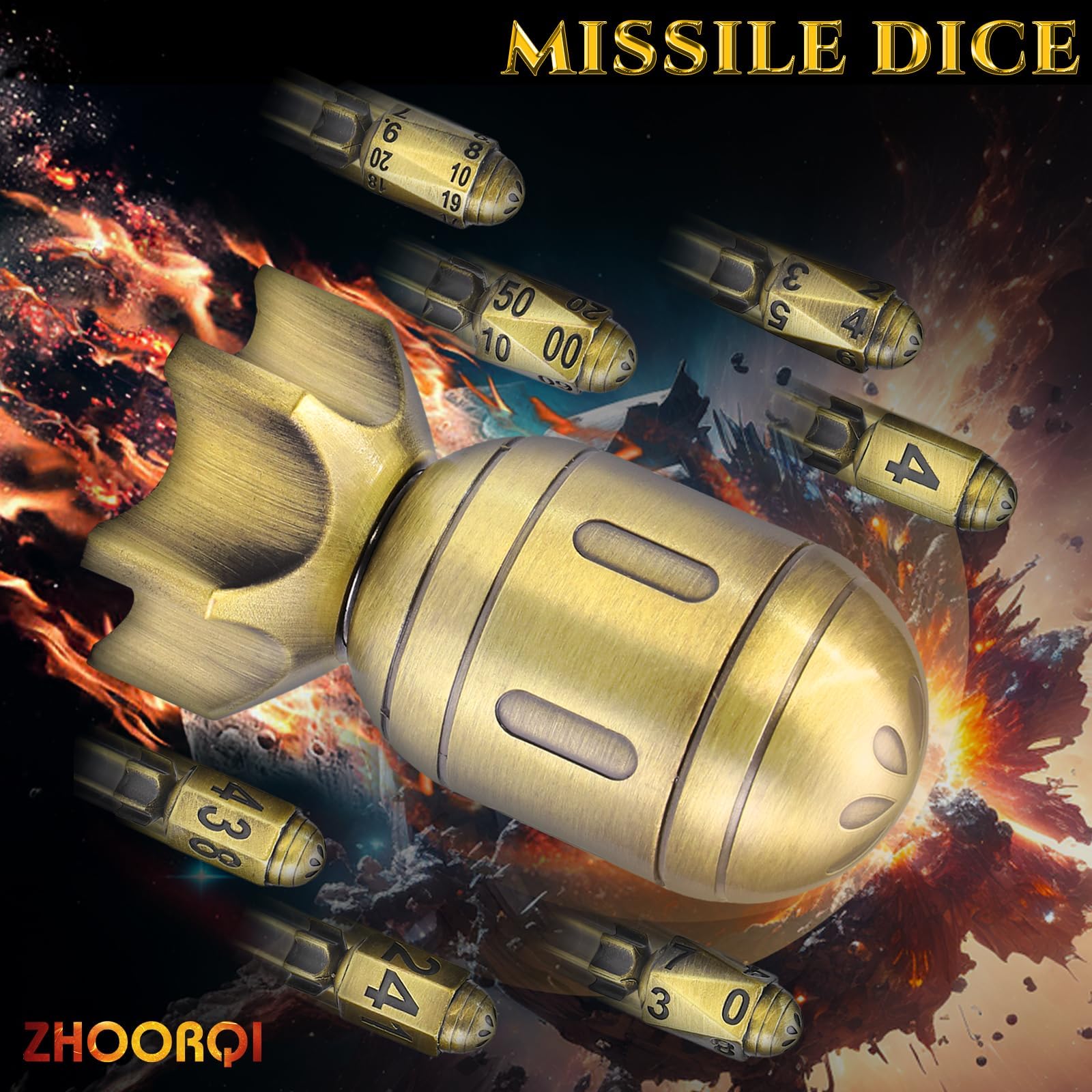 Set di dadi DND per Dungeons and Dragon, con missile rotante (bronzo brillante | ZHOORQI Set di dadi poliedrici, cool set di dadi per giochi di ruolo a tema guerra o crimini