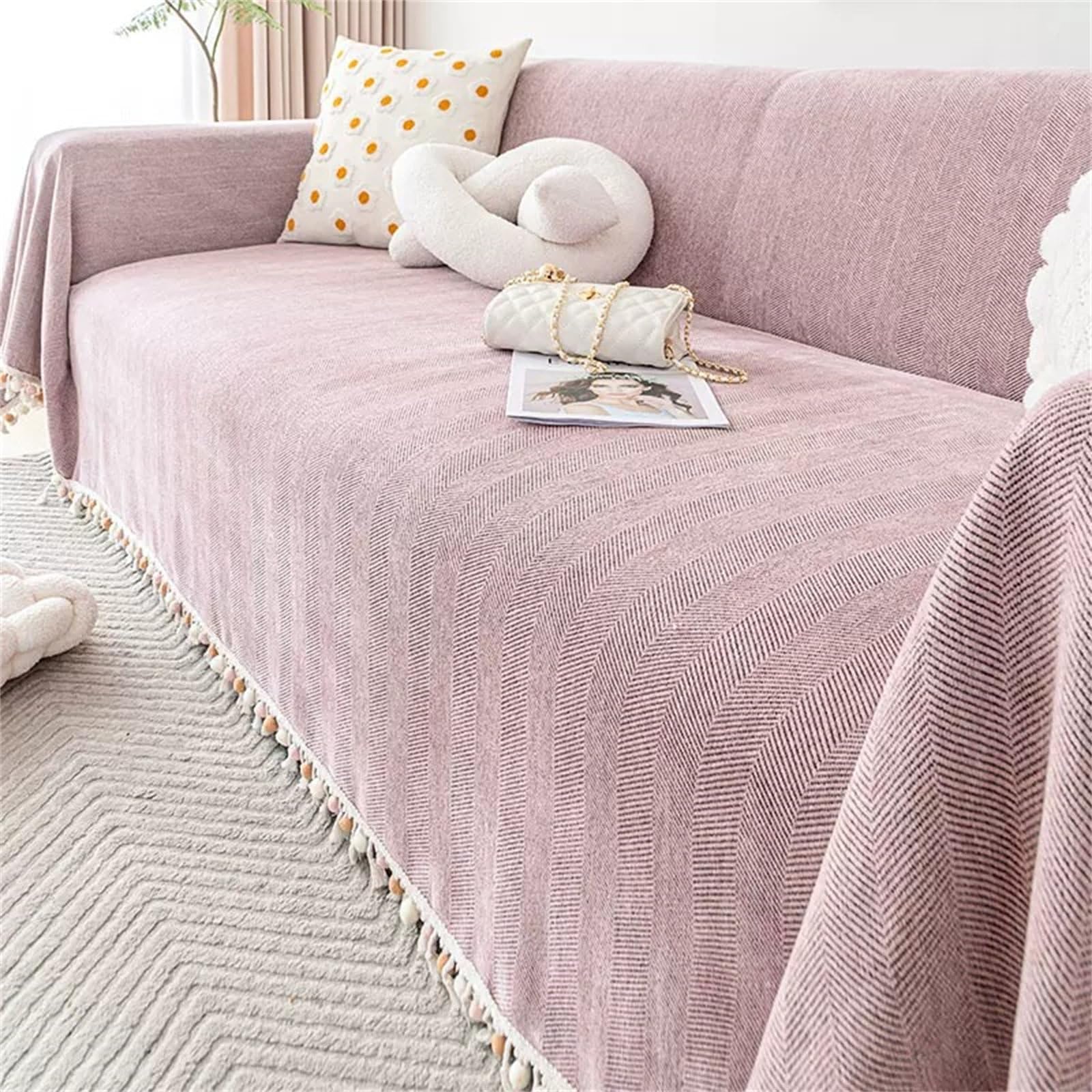 Coperta morbida con frangia, grande, decorativa, per divano, versatile, da viaggio, per divano, letto, sedia, divano (rosa, 180 x 380 cm)