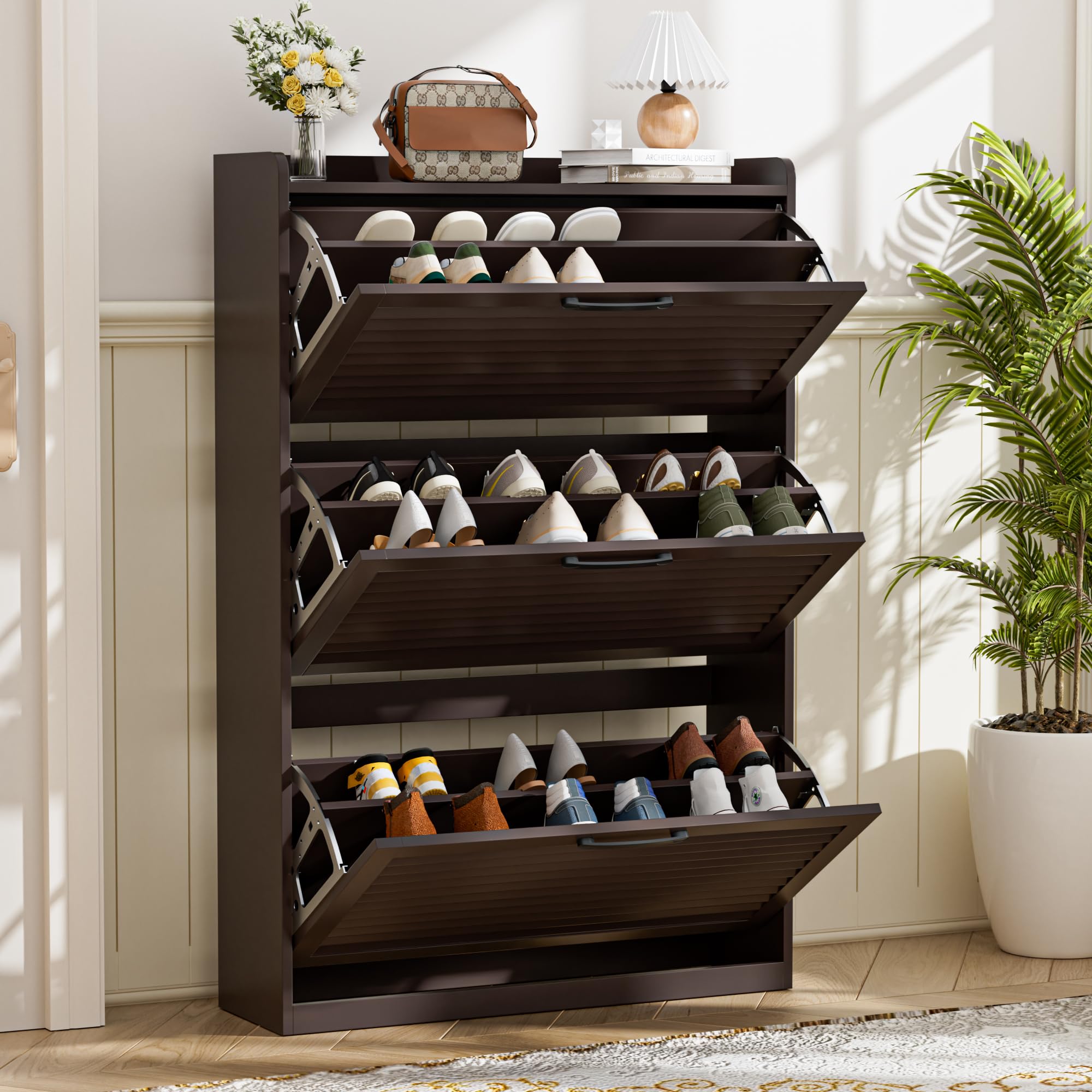 BonVache Scarpiera stretta, con porta lamellare, scarpiera con 3 alette, scarpiera con 6 ripiani regolabili, in legno per corridoio, 80 x 24 x 120 cm, marrone caffè