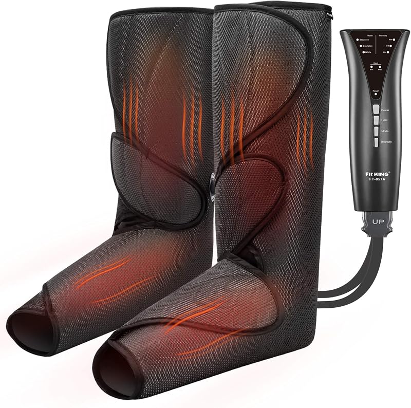 FIT KING Masajeador de piernas y pies de compresión de aire con calor para la circulación | FSA-HSA, vendas ajustables para piernas, extensiones de tamaño, 3 modos, 3 intensidades, útiles para el dolor, edema RLS, gran regalo para esposa mamá