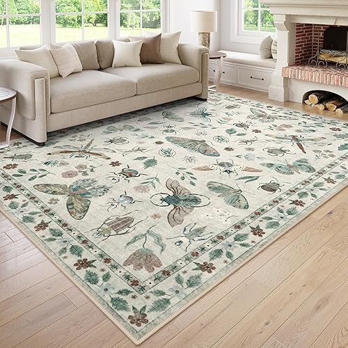 Lahome Insect Print Washable Area Rugs 5x7, Soft Rugs for Living Room Ultra-Thin Non-Shedding Modern Bedroom Rug, Stain Resistant Throw Rug Large Carpet for Dining Room Kids Nursery(5'x7',Beige)