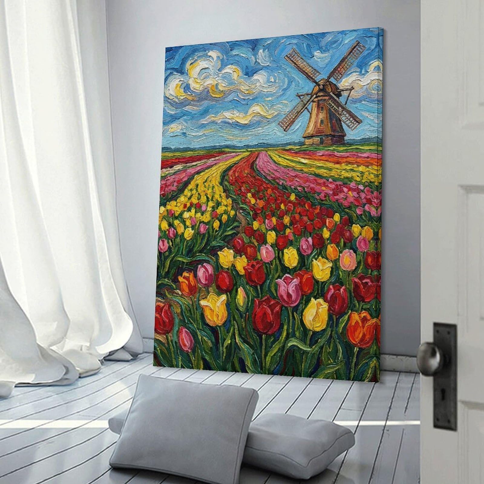 Junmoney Tulip Field with Windmill Painting Wall Art Print, 20x30inch(50x75cm), for Workspace Walls, Study Corners Or Bedrooms, A Smart Decor Choice for Study Walls