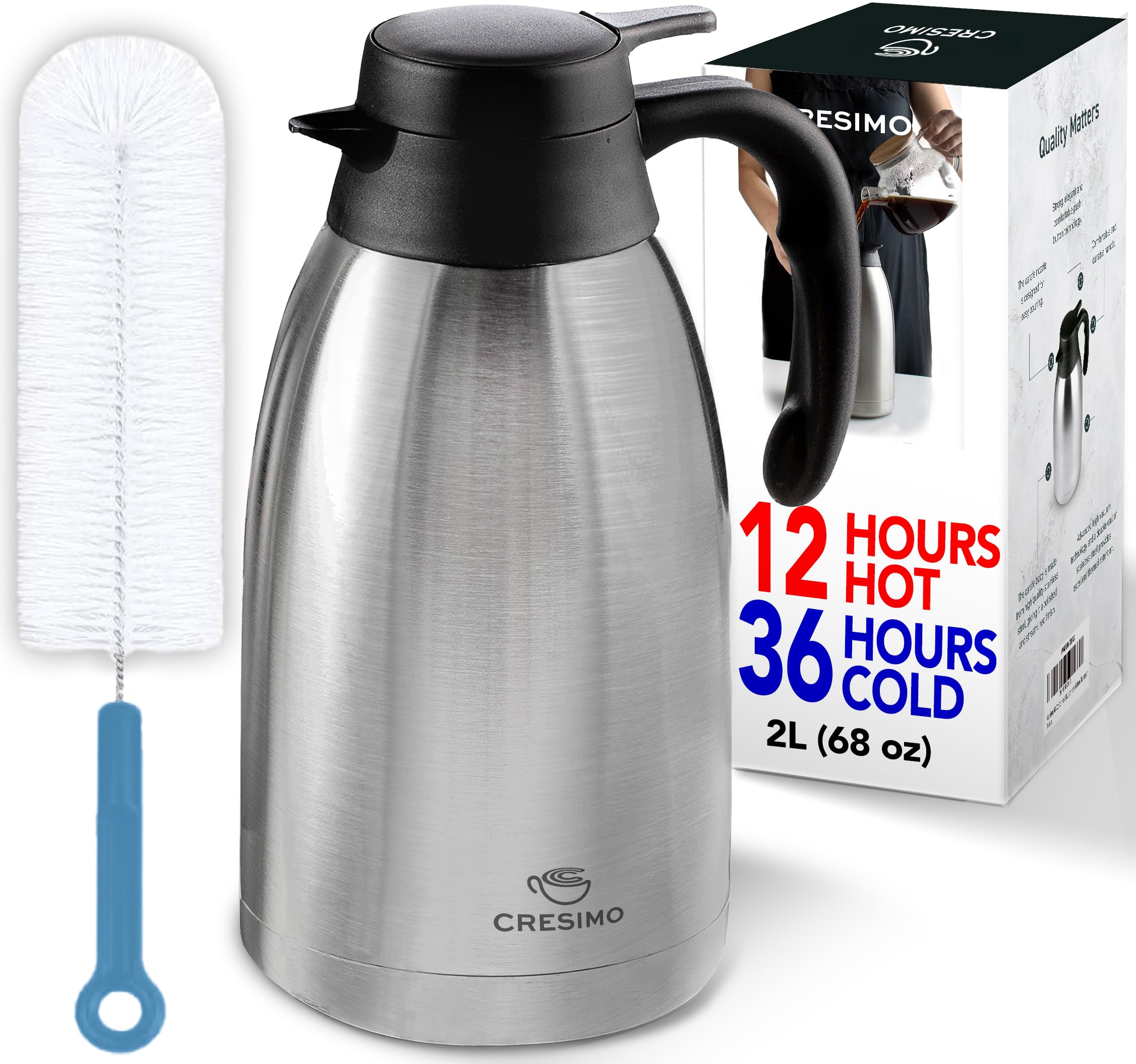 Thermal Coffee Carafe with Cleaning Brush - 68 oz / 2L, 24 Hours Cold or 12 Hours Hot Water Dispenser, Carafe for Hot Liquids - Insulated Stainless Steel Coffee Urn - Easy Use Tea Dispenser - Cresimo