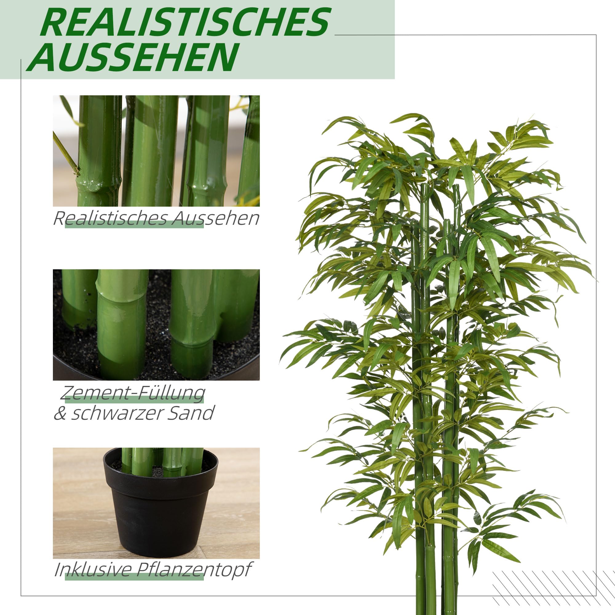 HOMCOM Künstliche Pflanze 180 cm Kunstpflanze mit Übertopf wie Echt Grün | Künstlicher Bambusbaum, Zimmerpflanze, Wohnzimmer, Schlafzimmer