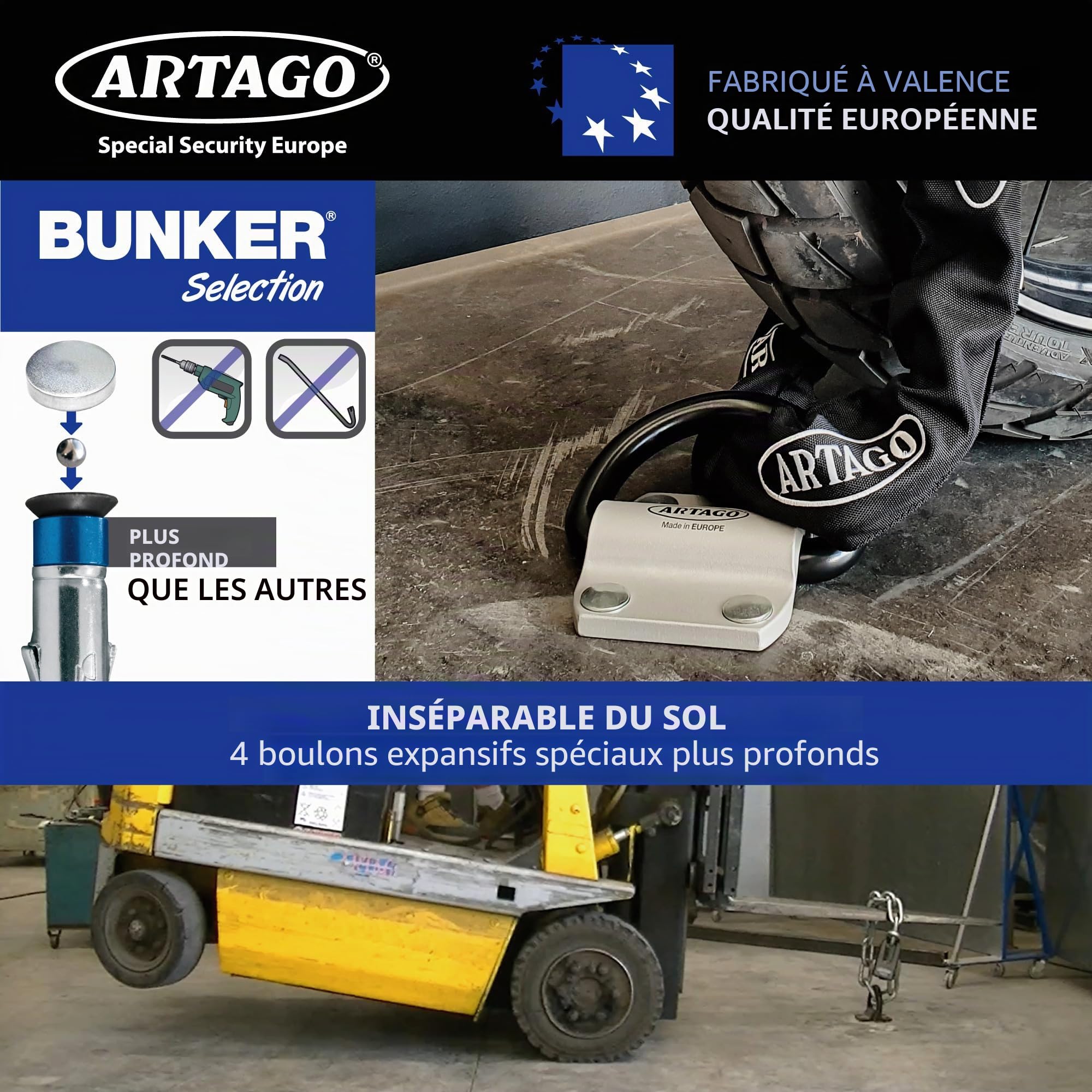 ARTAGO 60 Ancrage Sécurité Sol/Mur, Haut de Gamme, Anneau XXL Basculant ø20mm, Acier Résistance Maximale et Boulons Plus Profondes Blindées, Ancre Fixation pour Chaîne Antivol Moto Garage Parking