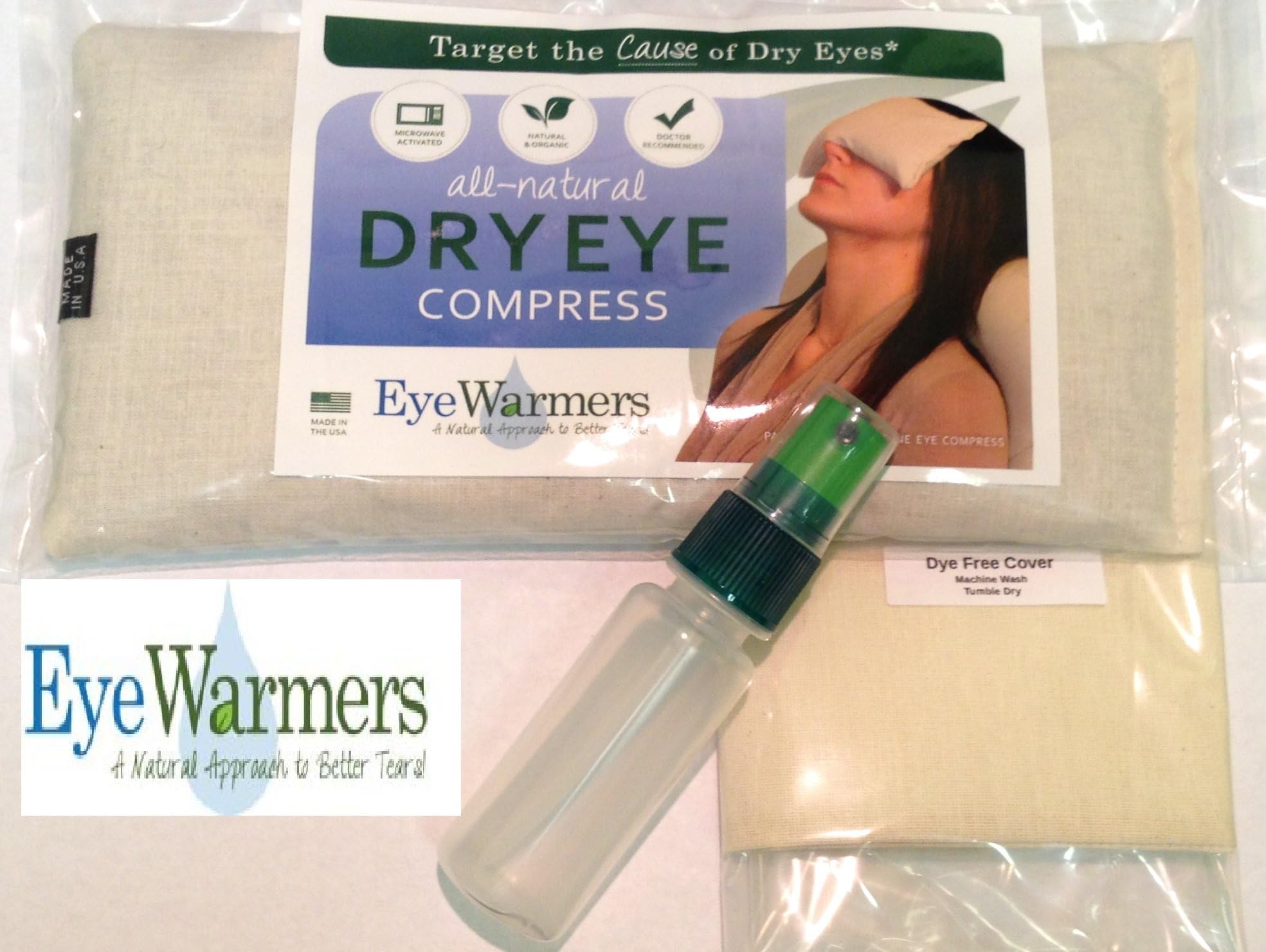 Dry Eye Compress Complete Kit with Washable Cover and Misting Bottle, EyeWarmers Brand. All Natural, Dye-free Warm Compress for Dry Eyes, Chalazion, Styes, Computer Vision Syndrome, or Tired Eye Relief
