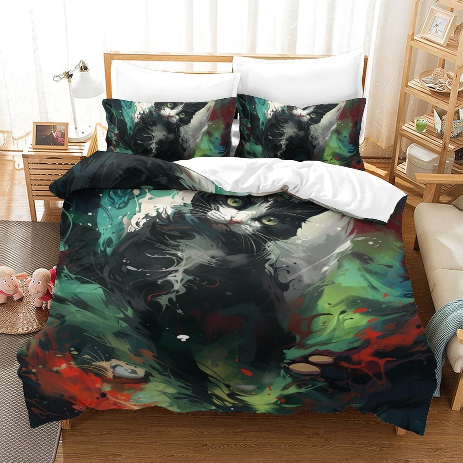 Housse de couette chat 3d 140x200 parure de lit microfibre respirante 3 pièces