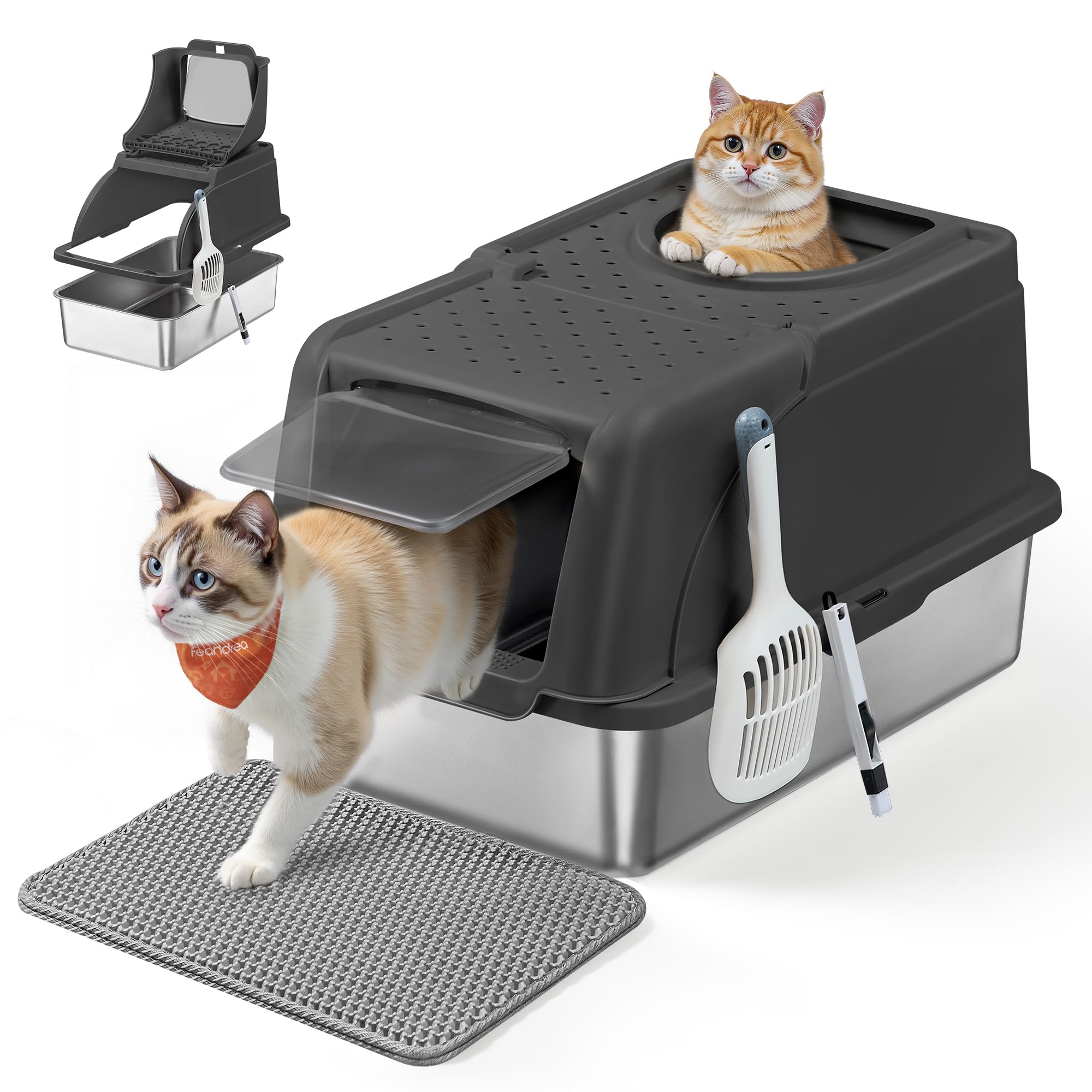 Feandrea Lettiera per Gatti in Acciaio Inossidabile con Coperchio Ribaltabile, Lettiera XL Anti Perdite, Paletta, Spazzola, Doppio Ingresso, per Gatti fino a 15 kg, Nero Inchiostro PPT005BH01