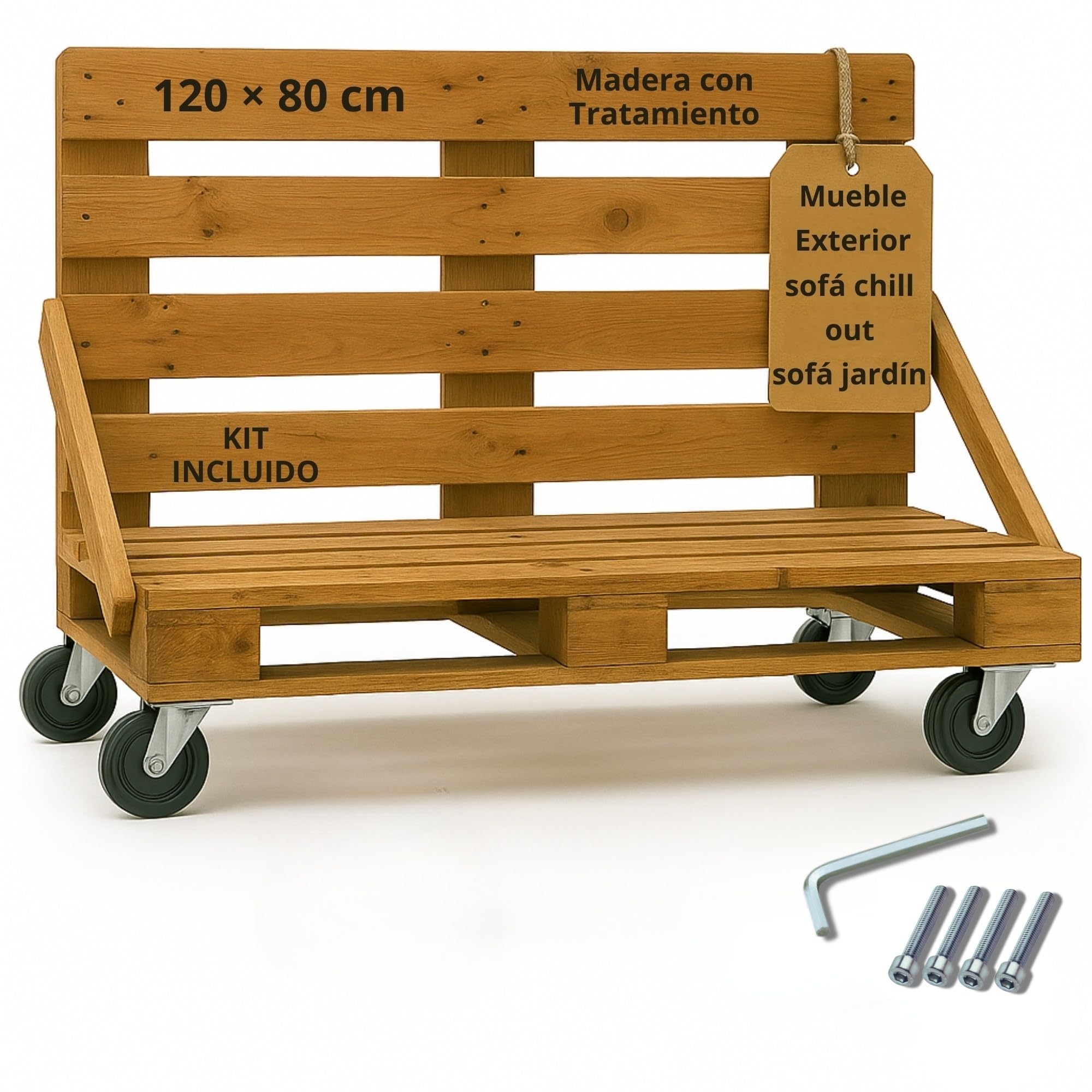 Diverpuffs Sofá Palet Exterior Madera Tratada 120x80 Resistente Agua y Sol con Ruedas con Freno Terraza Patio Jardín Diseño Natural Relajante Sin Mantenimiento Cómodo Montaje Fácil Chill out