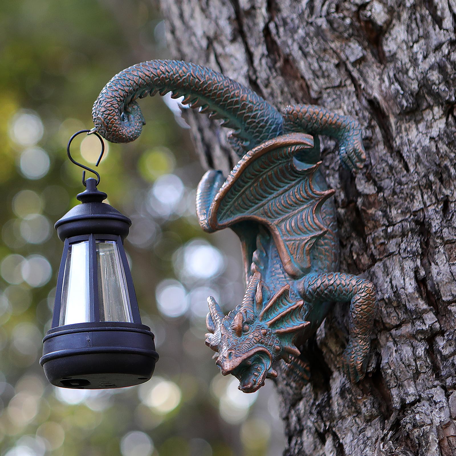 REYISO Solar Dragon Wall Decor - Gothic Outdoor Garden Statue with Solar Lantern, Whimsical Dragon Figurine for Yard, Patio, or Tree Decor - Unique Fantasy Gift for Adults, Men & Women