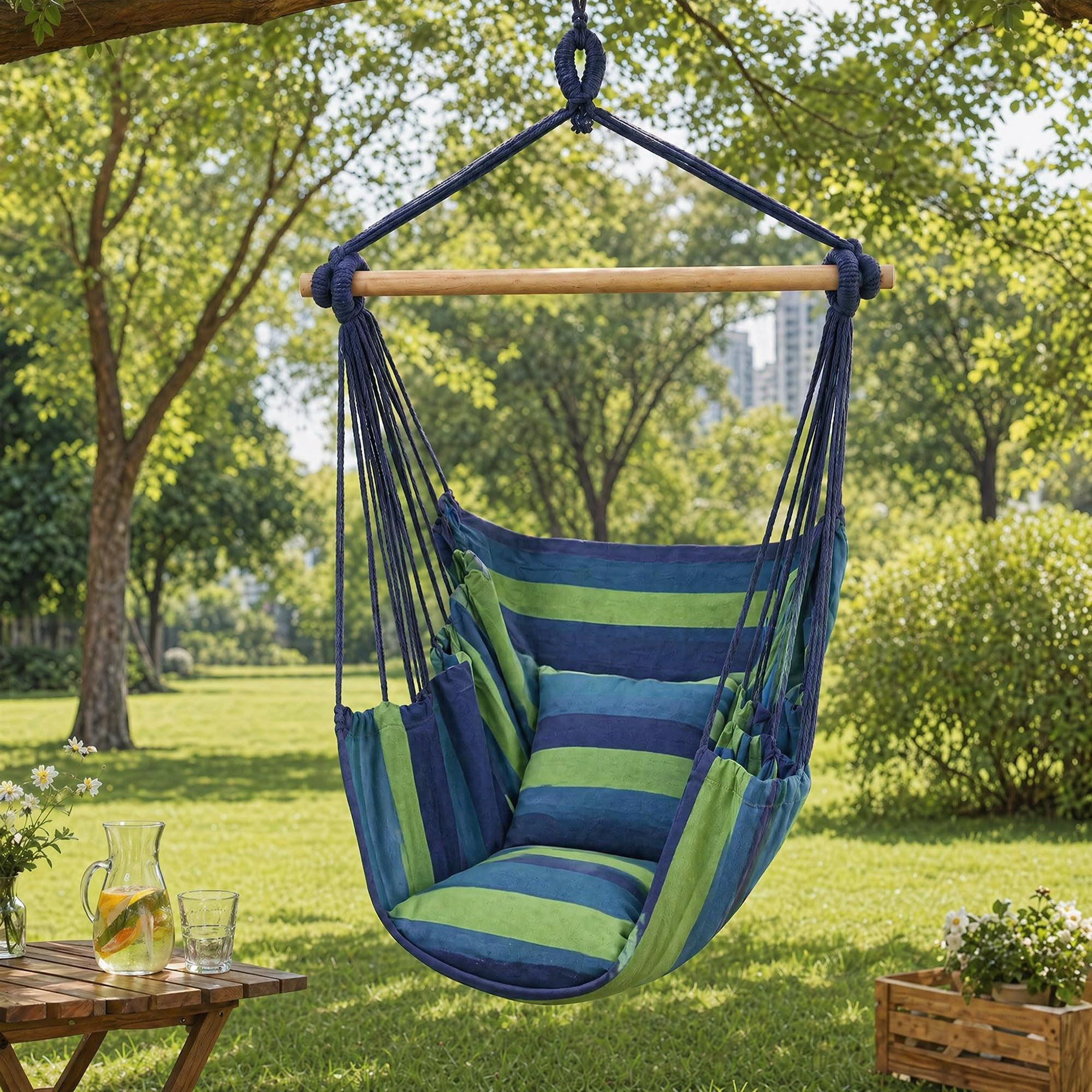 Silla hamaca colgante con 2 cojines, carga máxima de 330 libras, material de lona muy transpirable y cómodo, adecuado para muchos escenarios interiores y exteriores (azul-verde)