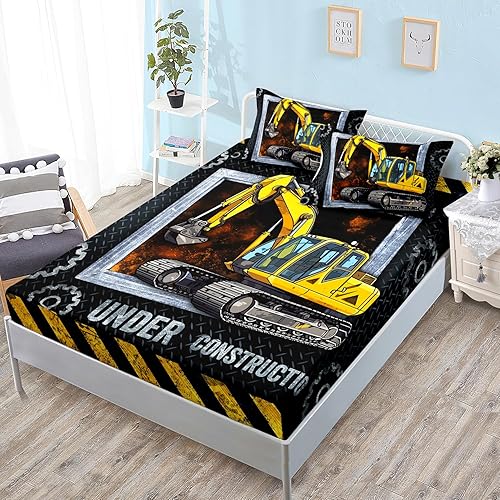 Miniatura 2 de HOSIMA Under Construction - Juego de cama ajustable de microfibra de 3 piezas con patrón de excavadora para niños, diseño de caricaturas, sábana
