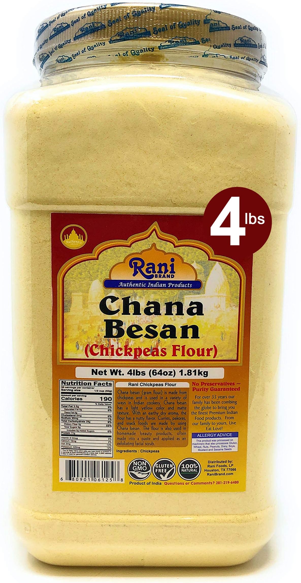 Rani Chana Besan (Chickpeas Flour, Gram) 64oz (4lbs) 1.81kg Bulk PET Jar ~ All Natural | Vegan | Gluten Friendly | Non-GMO | Indian Origin