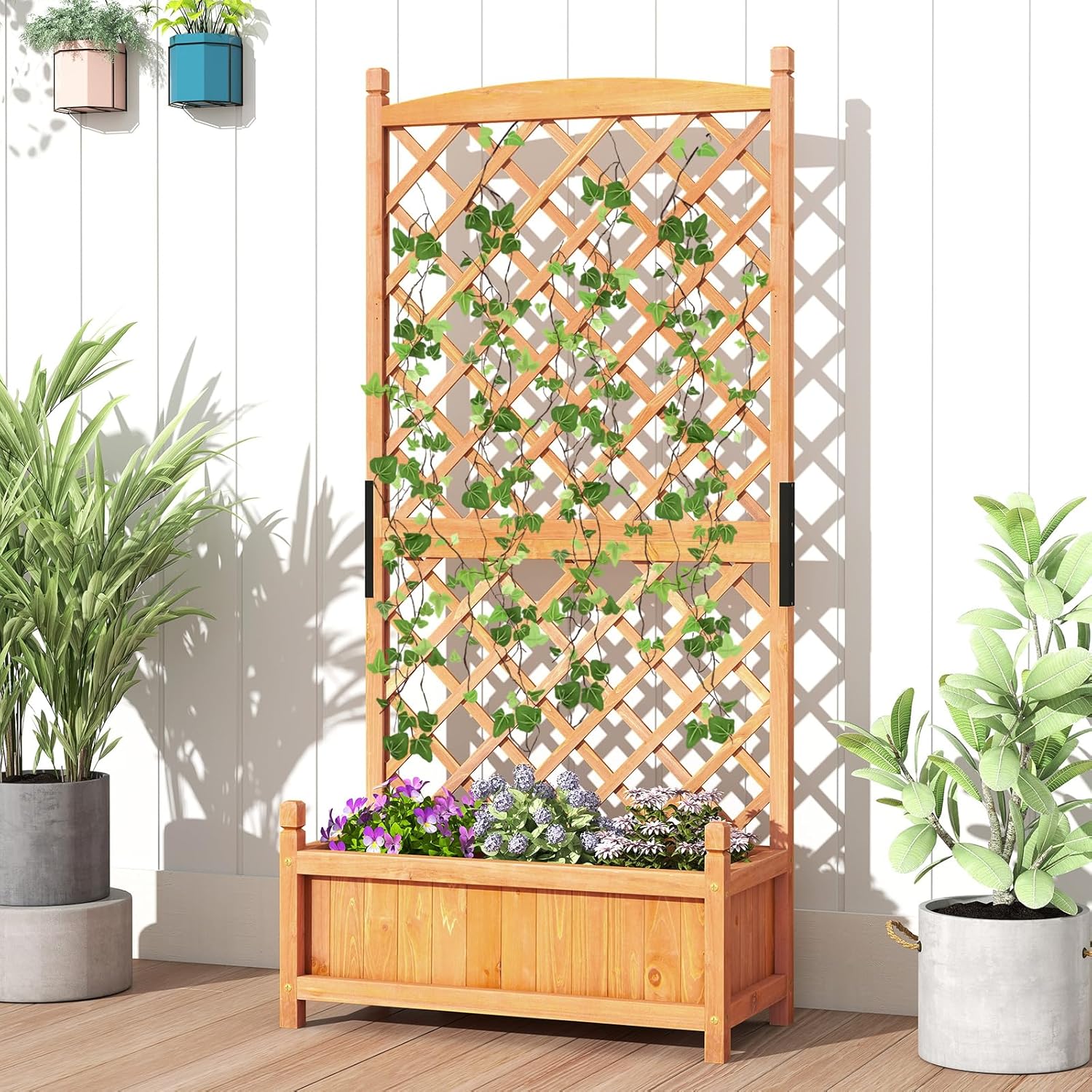 HAPPYGRILL Raised Garden Bed with Trellis, Large Planting Box w/Drainage Holes, 60” Wooden Garden Planter w/Diamond Lattice Trellis for Climbing Plants, Outdoor Planter Box for Patio (1, Orange)