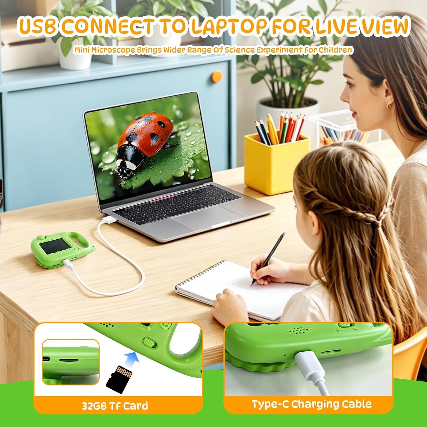 2 in 1 Kids Microscope & Camera, 1080p Hd Autofocus Digital Microscope, 48mp 1000x Magnification Handheld, Stem Educational Toy with 32gb Sd Card, Birthday for 3-12 Boys Girls (Green)