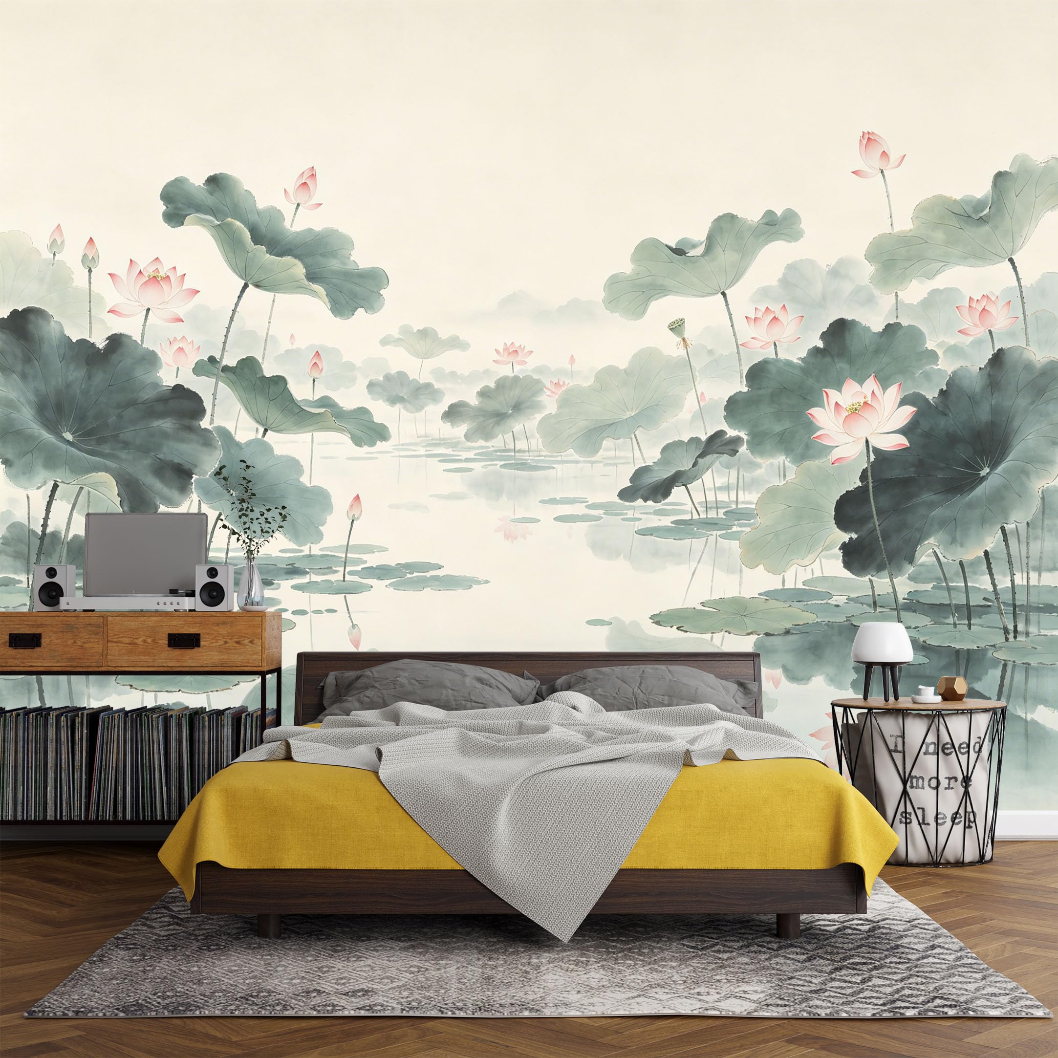 Custom Size Wall Mural， Botanical Lotus Pond Watercolor Asian Landscape Tranquil Nature Art，SelfAdhesive Art Prints wall Fabric (No PVC) Removable Wallpaper Living Room Decor