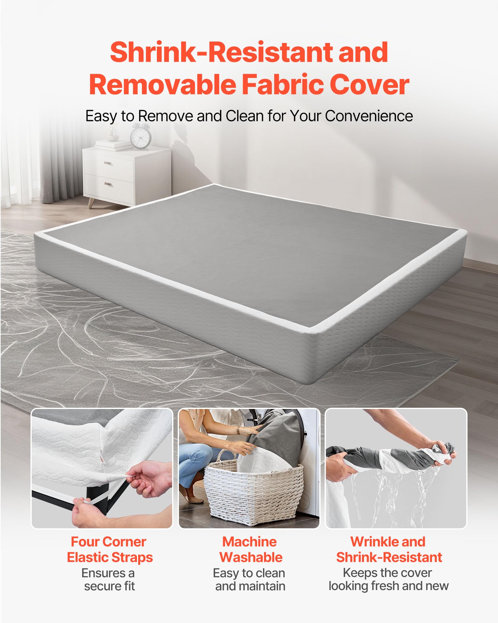 VEVOR Boxspringbettgestell (King-Size) mit Waschbarem Stoffbezug, Metallrahmen (2010 x 1925 x 230 mm) für Queensize-Betten, 23 cm Matratzenauflage, Max. Belastbarkeit 1587,57 kg, Matratzenfundament