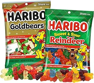 Christmas Haribo Gummy Bears and Sweet and Sour Reindeer, Holiday Chewy Fruit Candies, Festive Stocking Stuffer Gifts, 4 Ounces (Pack of 2)