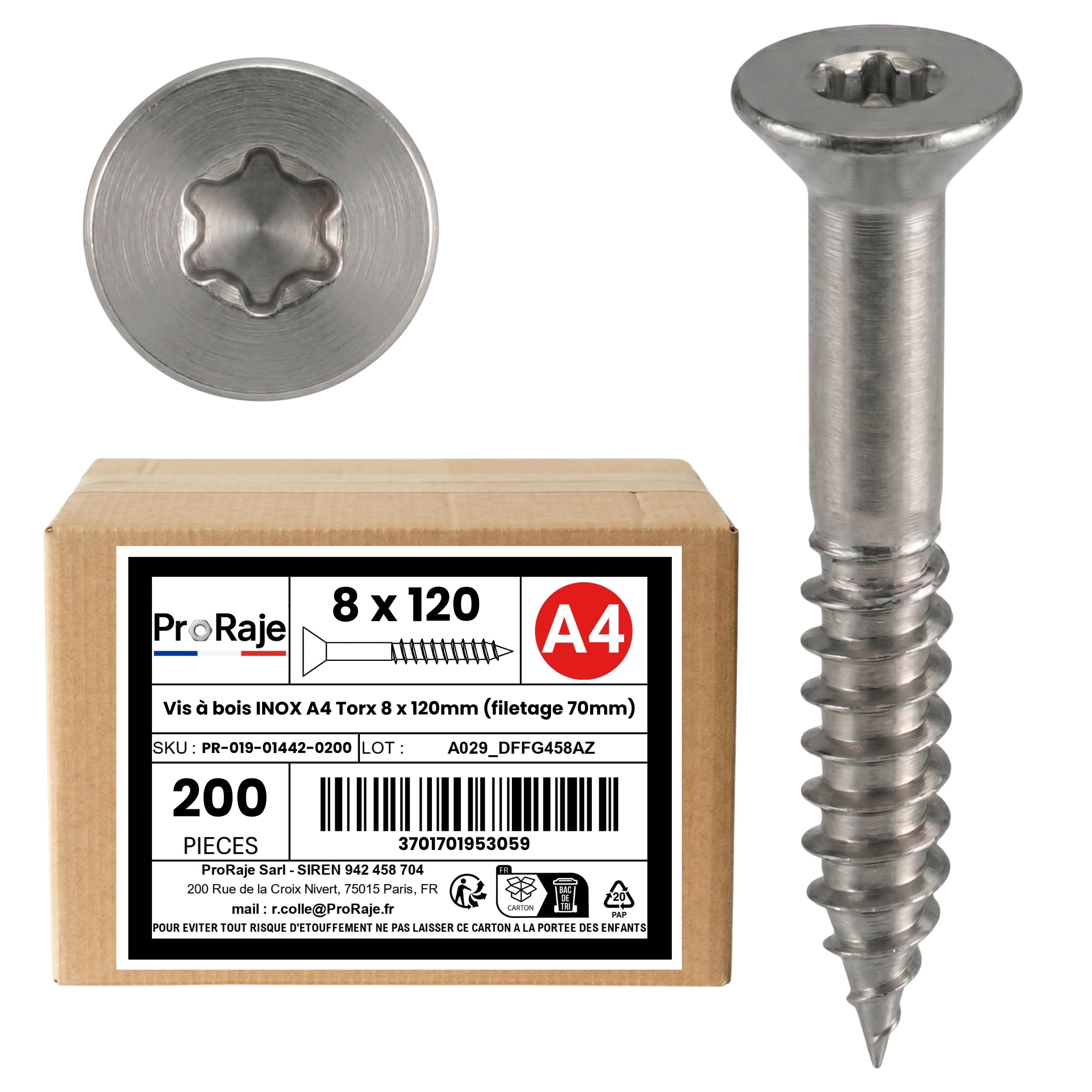PRORAJE Chipboard Screws Inox A4: 8 x 120 mm (70 mm Thread) Countersunk Head Torx Engraving (TX) Stainless Steel A4 (V4A / AISI 316) Construction / Chipboard / Patio etc. Pack of 200 โ image 1