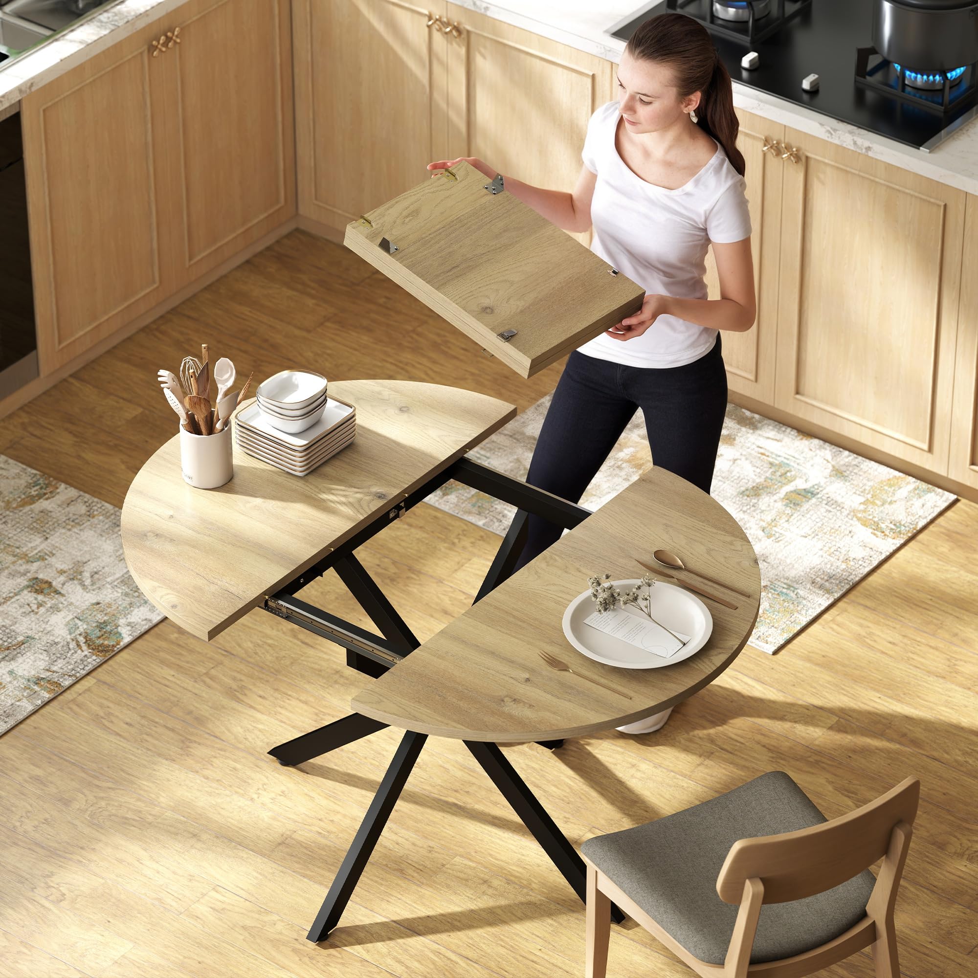 HOMCOM Tavolo da Pranzo Allungabile 4-6 Persone Base X 100-135cm Naturale | Pannelli a Farfalla, Tavolo Rotondo Allungabile ad Ovale, Stile Industriale, per Sala da Pranzo, Soggiorno