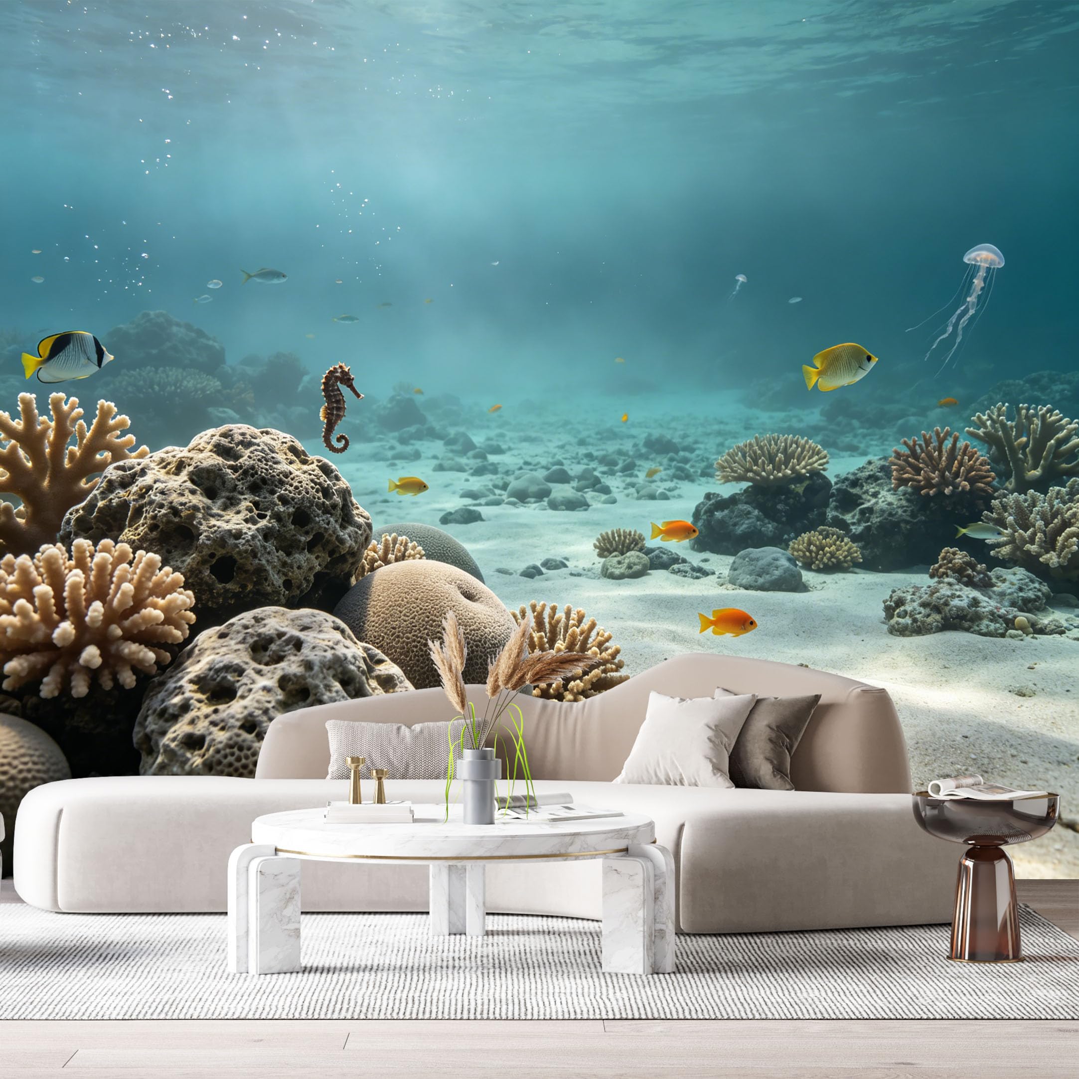 Custom Size Wall Murals Ocean Marine Tropical Fish Seahorse Jellyfish Underwater 3D SelfAdhesiveWall Fabric Removable Wallpaper Wall Decor for Living Room Bedroom Bathroom