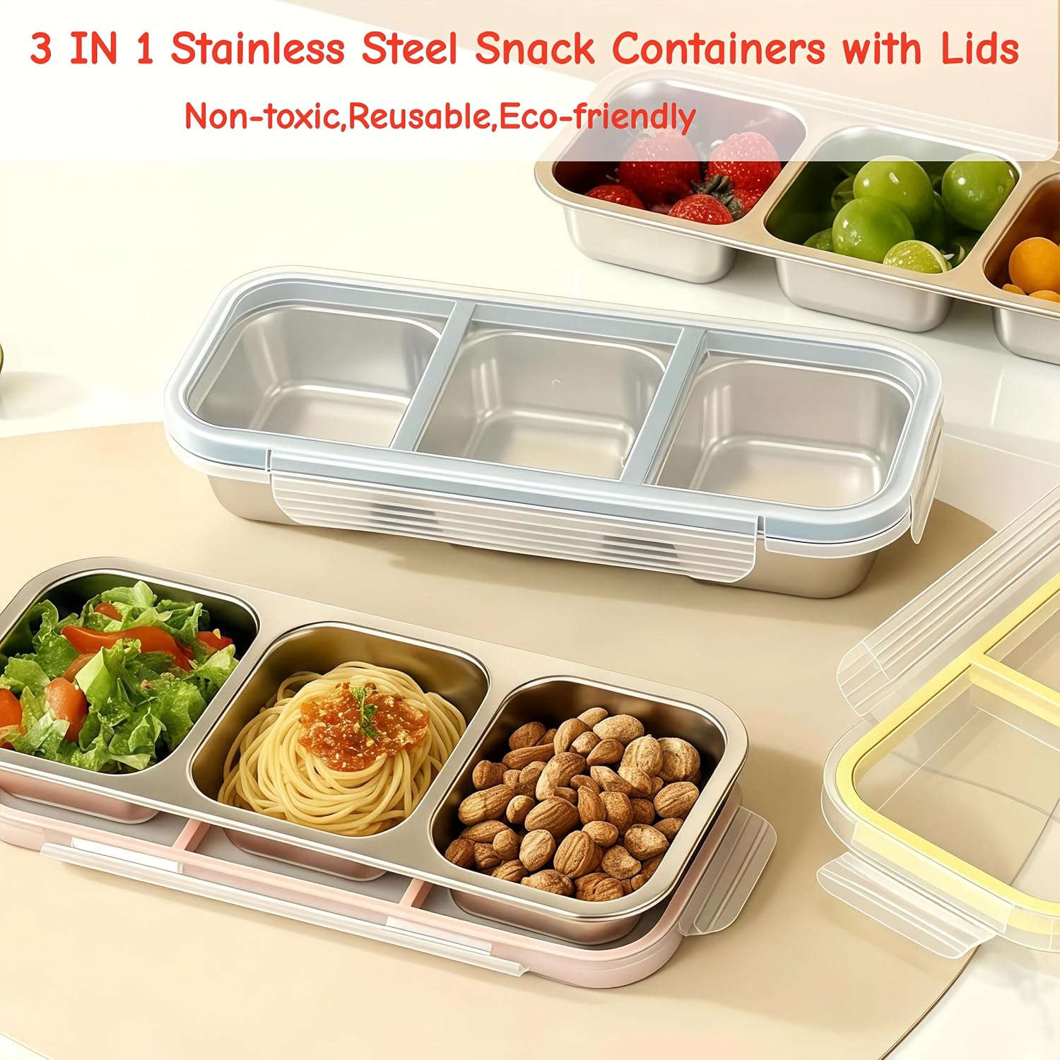 Stainless Steel Snack Containers,Reusable 3 Compartments Leak Proof Metal Lunch Box with Lids ,Meal Prep Containers ,Divided Food Storage Containers for Home, Picnic, Camping, Office,Work(Blue) - Image 2