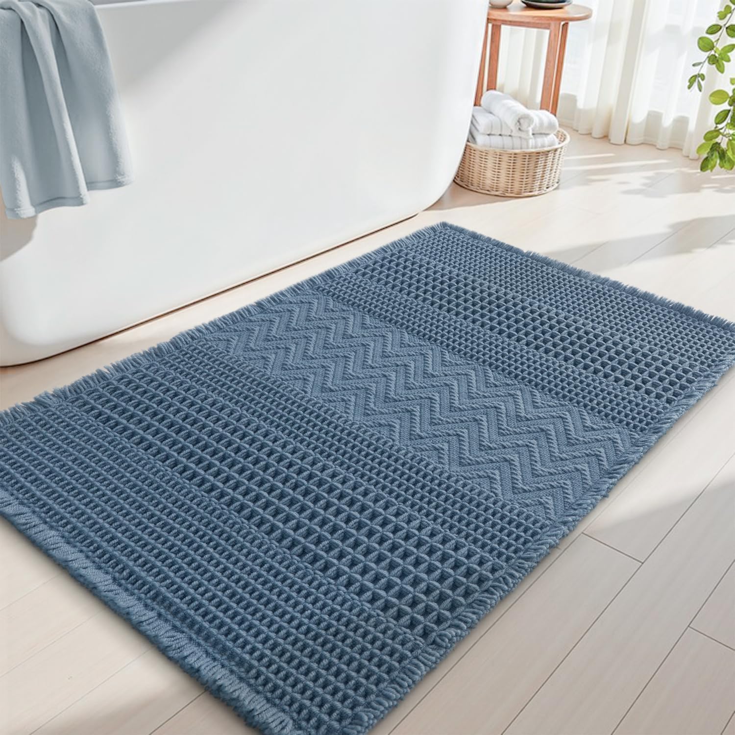 AMOAMI Waffle Bath-Mat, Super Absorbent Bath Mats for Bathroom, Boho Bathroom Rugs Non Slip Washable, Ultra Soft Bath-Mat with Tassels Bath Rugs for Floor Mat, 17″ X 24″ Blue