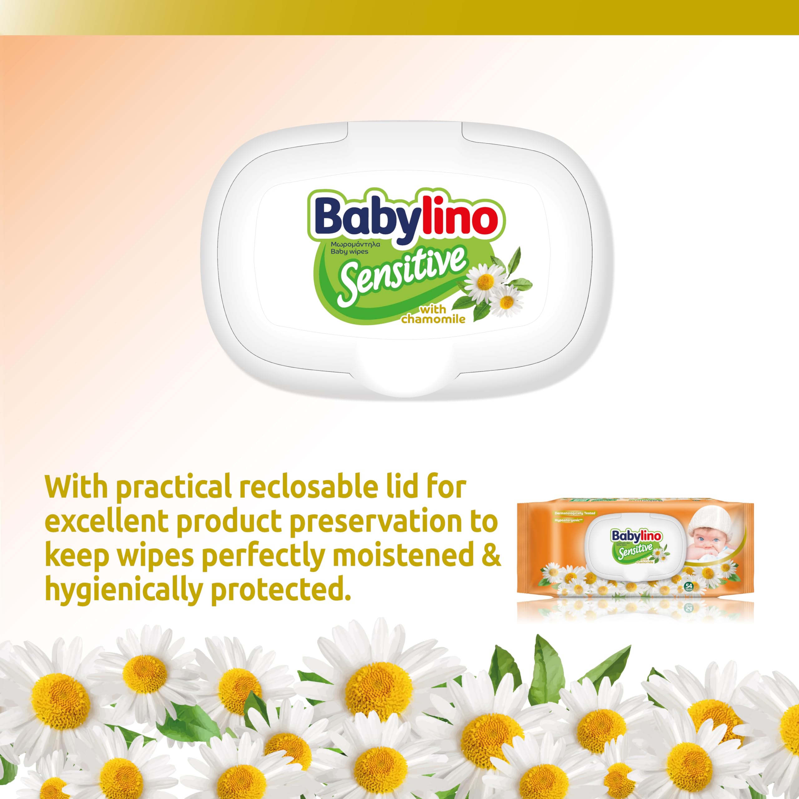 Chusteczki dla niemowląt Babylin Sensitive o delikatnym zapachu rumianku, 98% Naturalna formuła przywracająca PH skóry, 3 opakowania z zamknięciem oszczędzającym świeżość, 162 Chusteczki