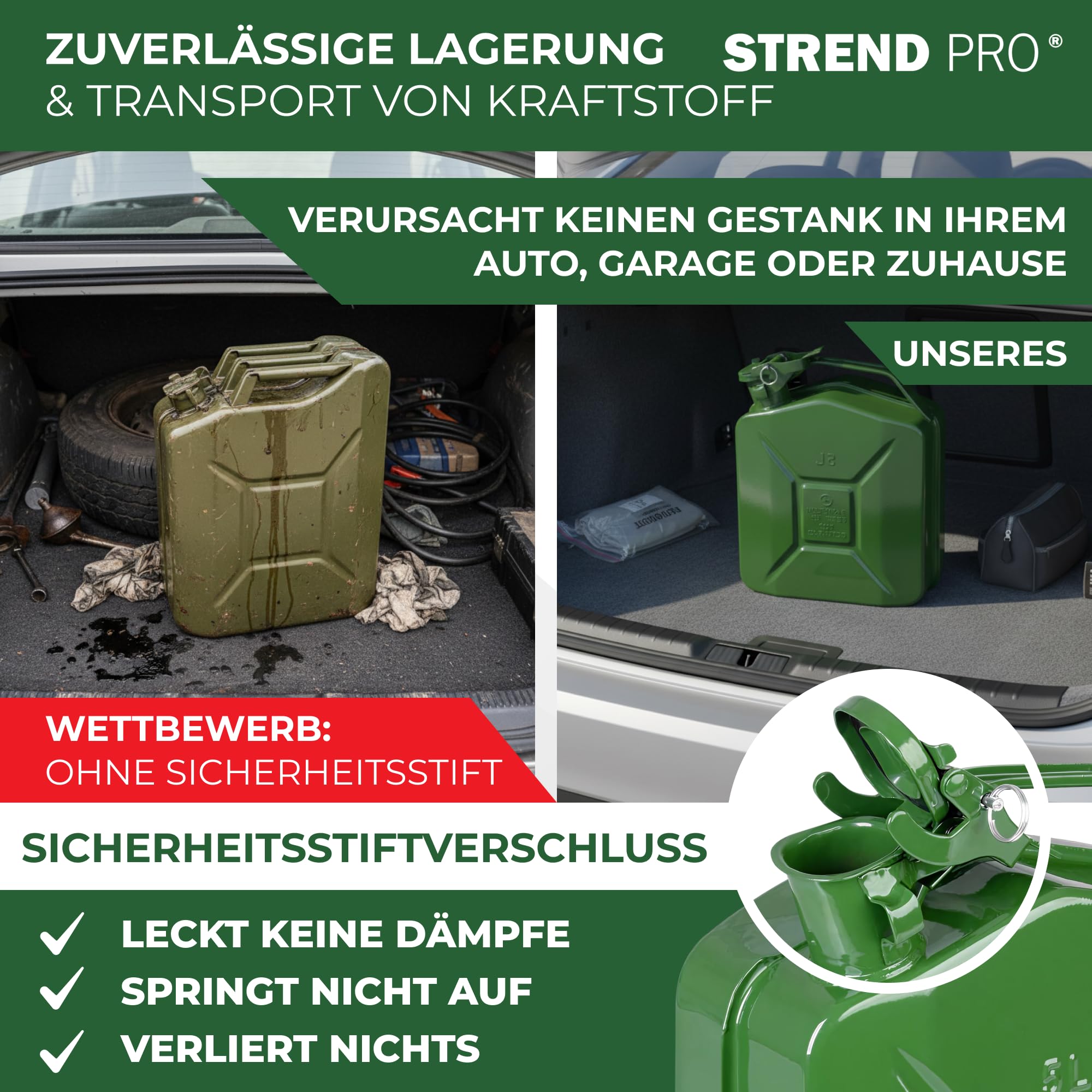 STREND PRO Benzinkanister 20l Metall | Robuster Kanister 20 liter für Benzin & Diesel | Kraftstoffkanister | Dieselkanister für Reserve | Kombikanister motorsäge | Grün mit UN-Zulassung | Benzintank